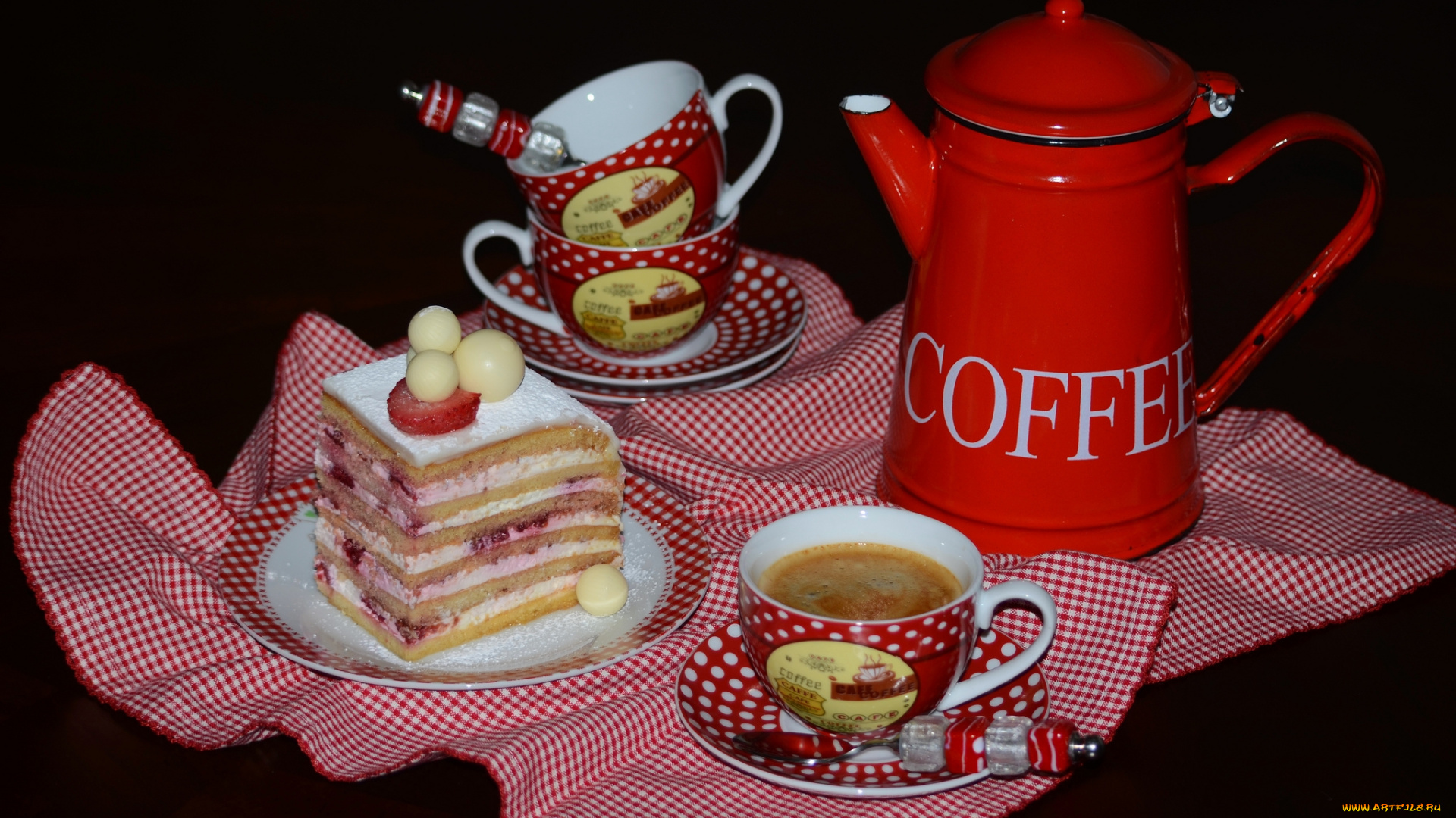 еда, натюрморт, пирожное, кофейник, чашки