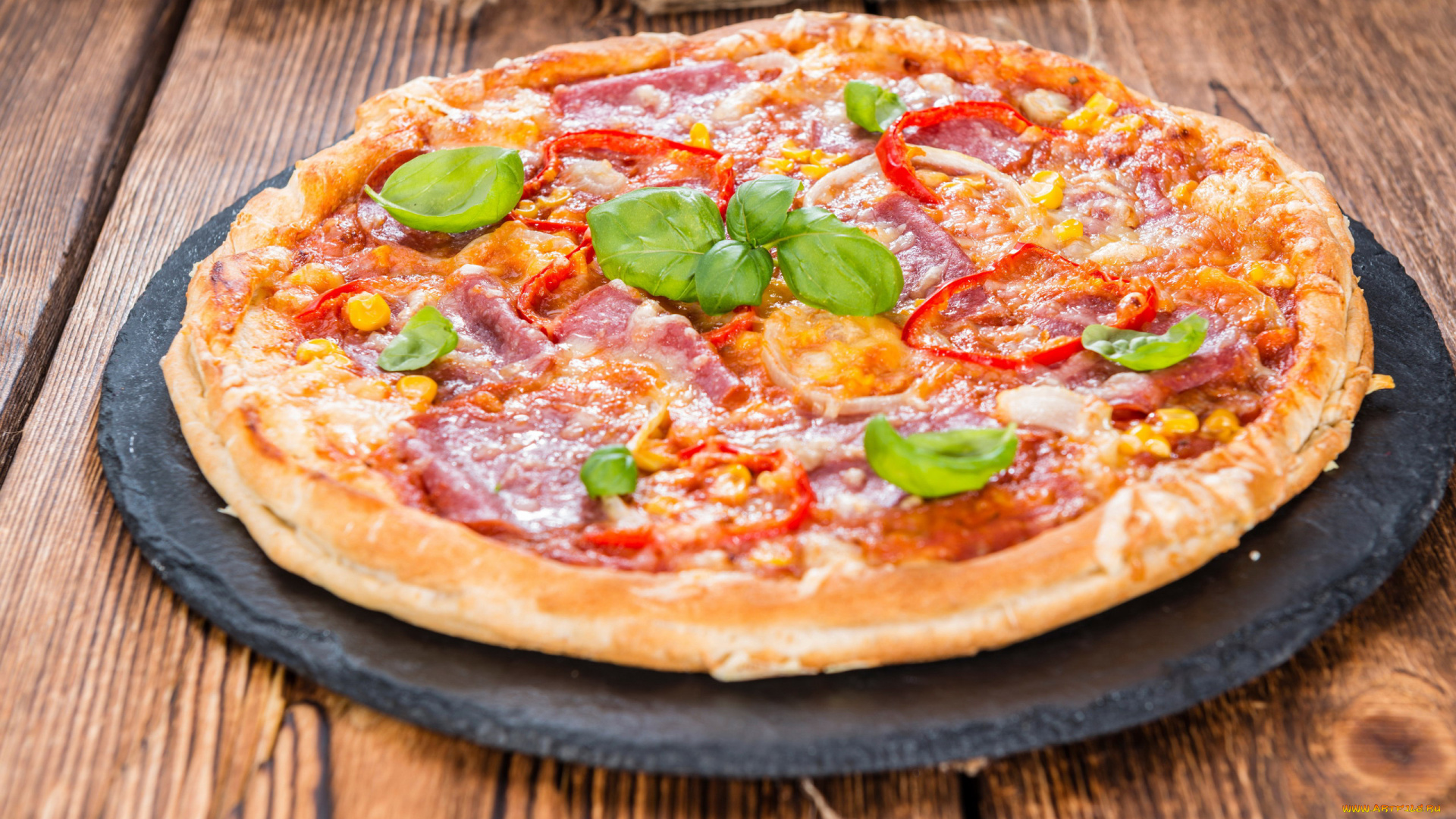 еда, пицца, ветчина, базилик