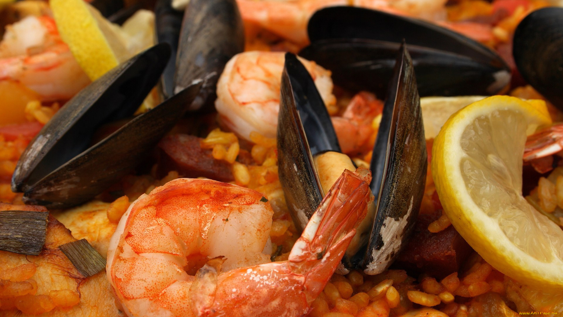 еда, рыбные, блюда, , с, морепродуктами, креветки, мидии, лимон