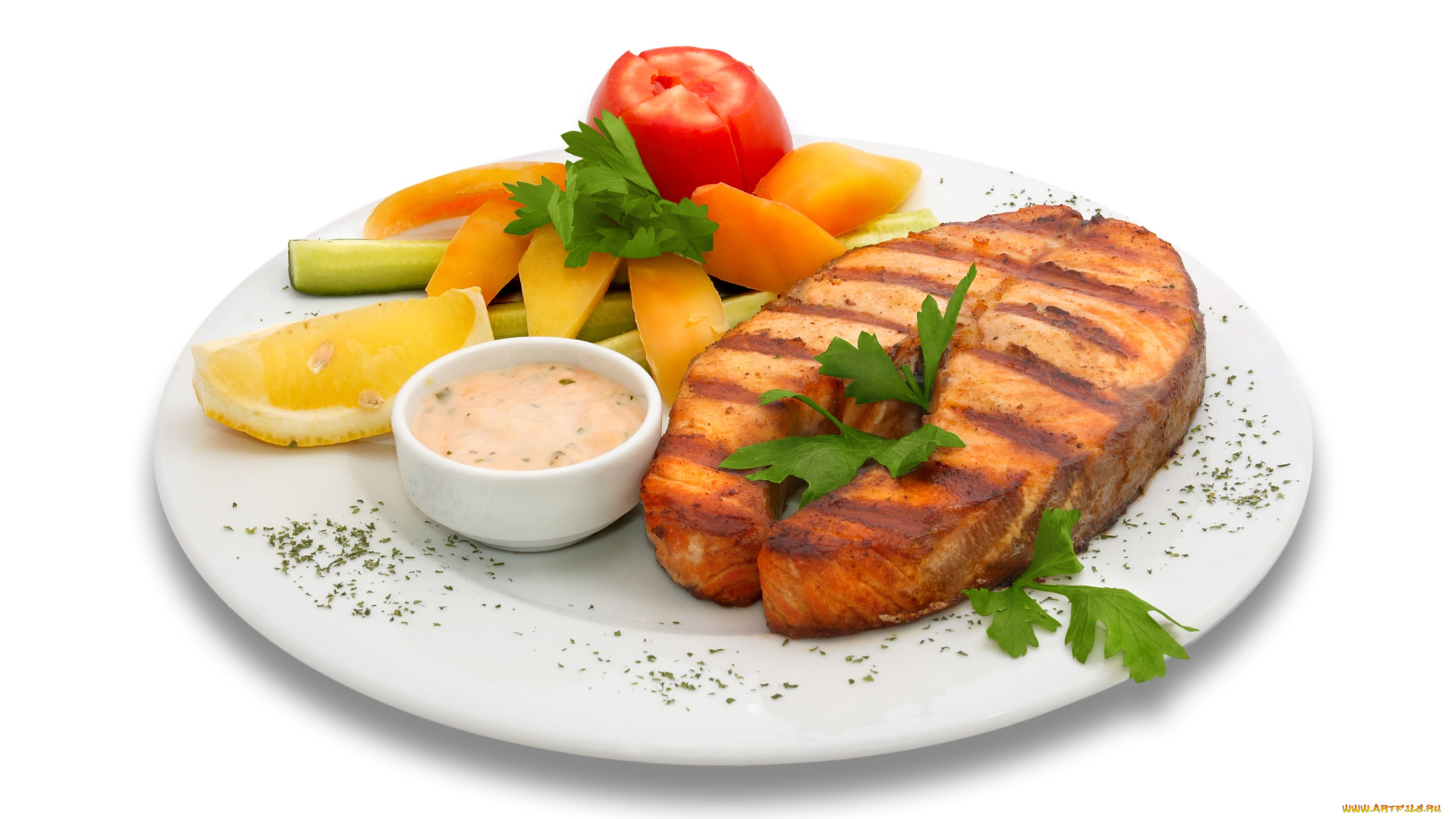 еда, рыбные, блюда, , с, морепродуктами, лосось, лимон, соус, овощи