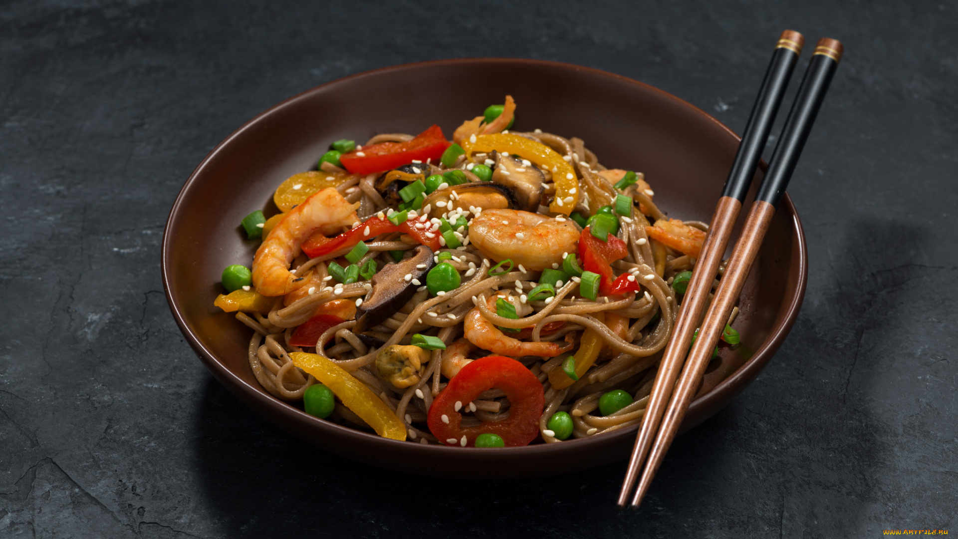 еда, рыбные, блюда, , с, морепродуктами, овощи, лапша