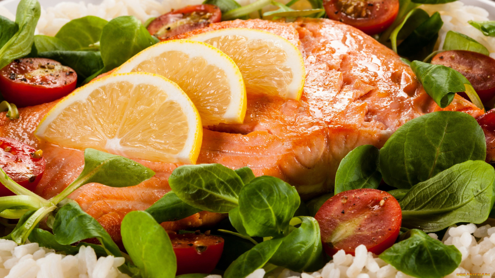 еда, рыбные, блюда, , с, морепродуктами, рис, зелень, лимон, лосось