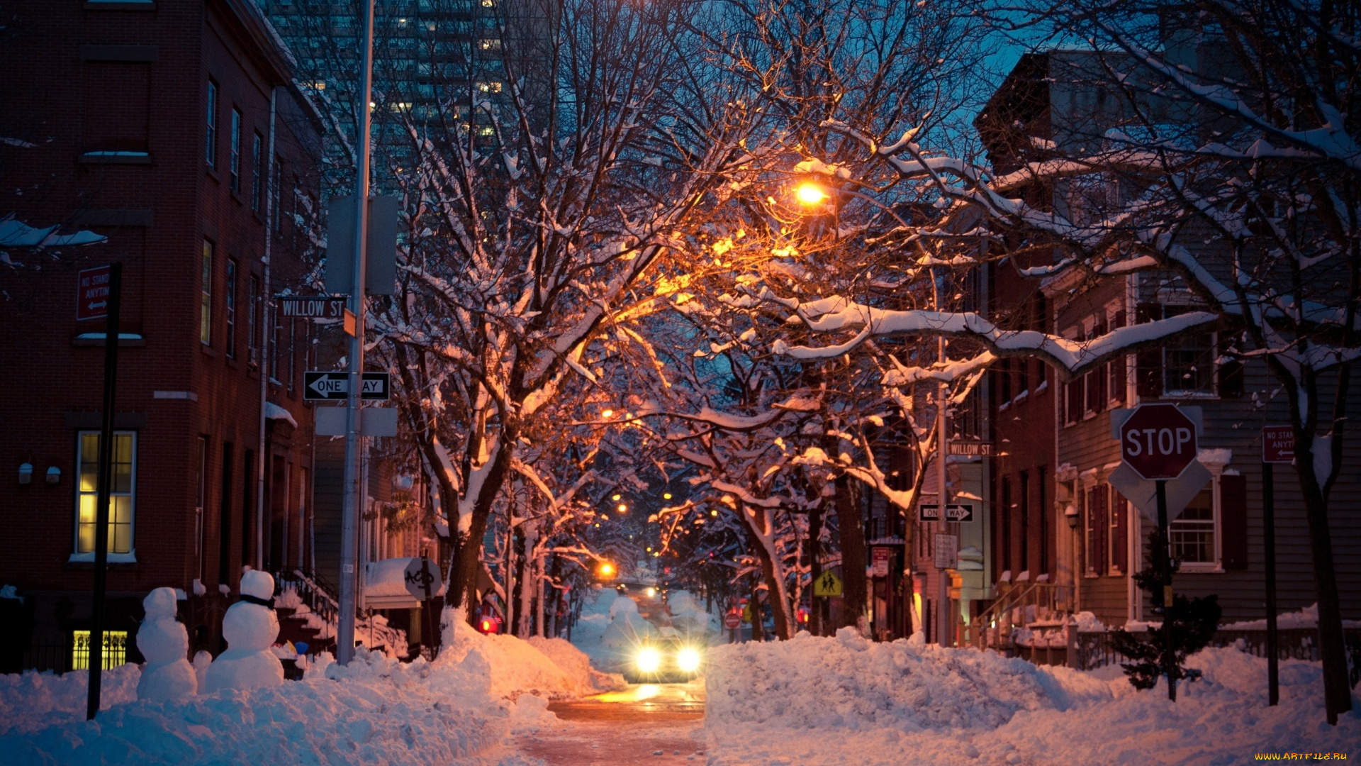 города, -, огни, ночного, города, дома, город, ночь, зима, огни, деревья, снег, улица, здания