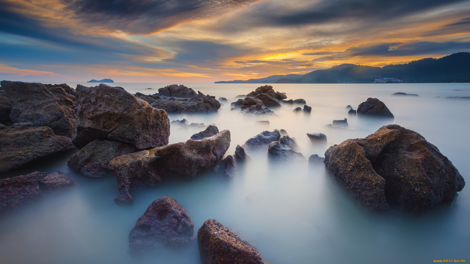 природа, побережье, вечер, море, камни, скалы, облака, небо