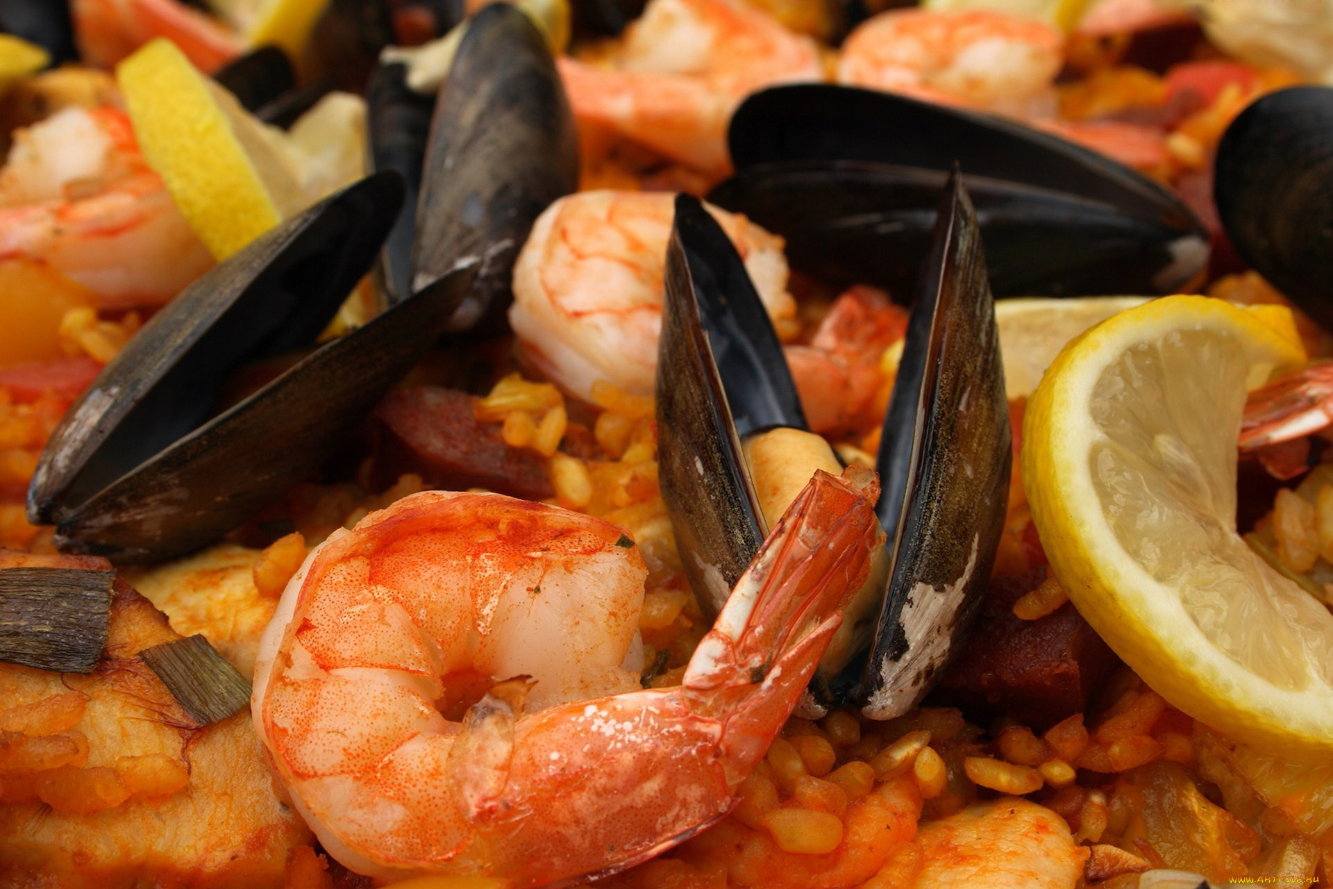 еда, рыбные, блюда, , с, морепродуктами, креветки, мидии, лимон