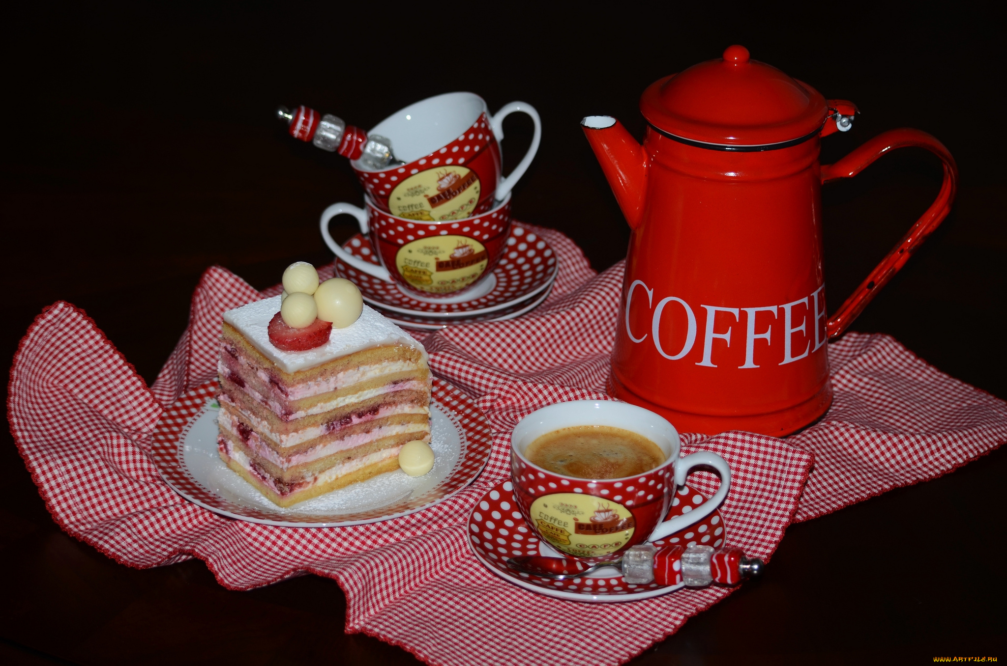 еда, натюрморт, пирожное, кофейник, чашки