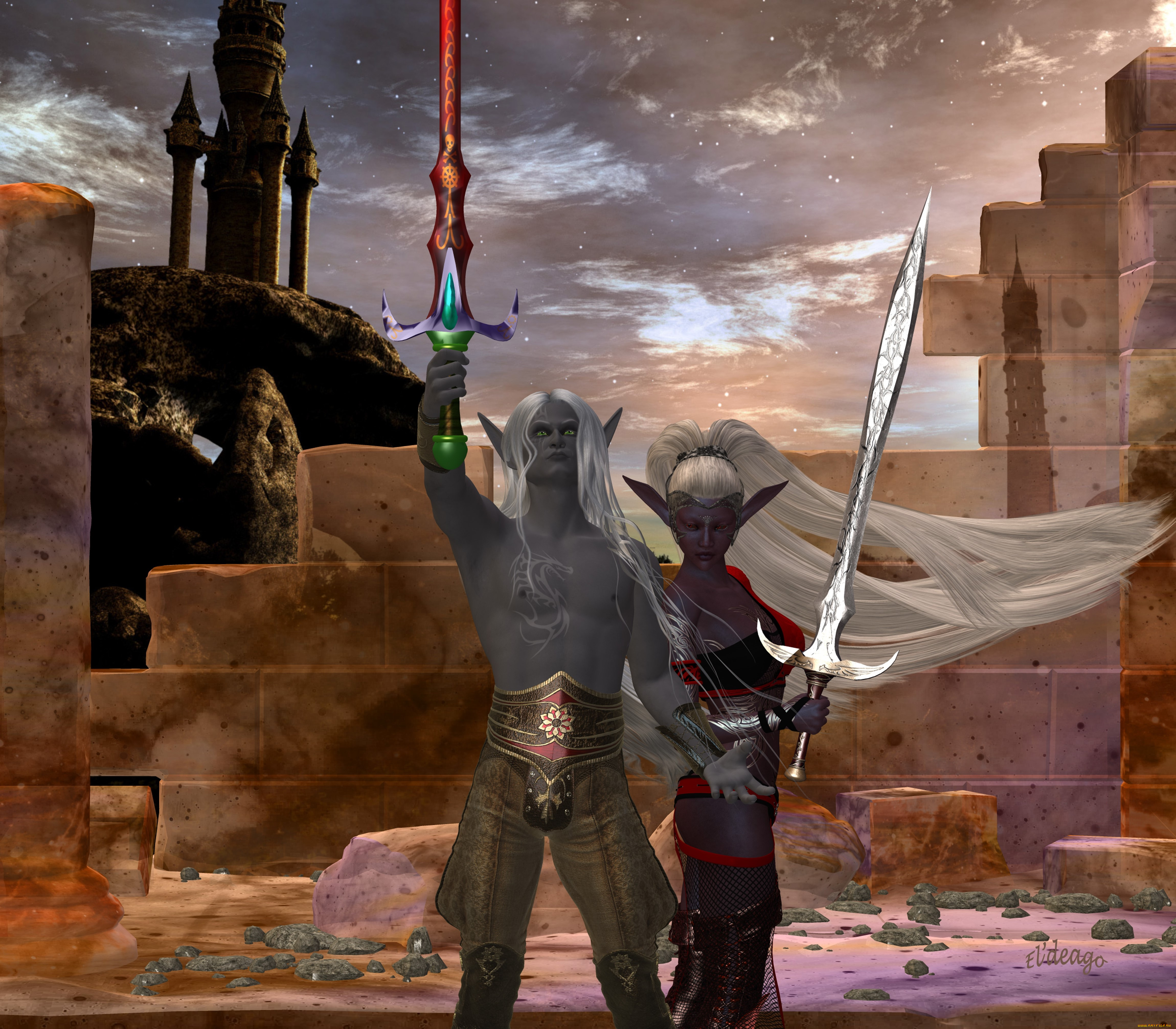 3д, графика, эльфы, , elves, эльфийки, оружие, фон, взгляд