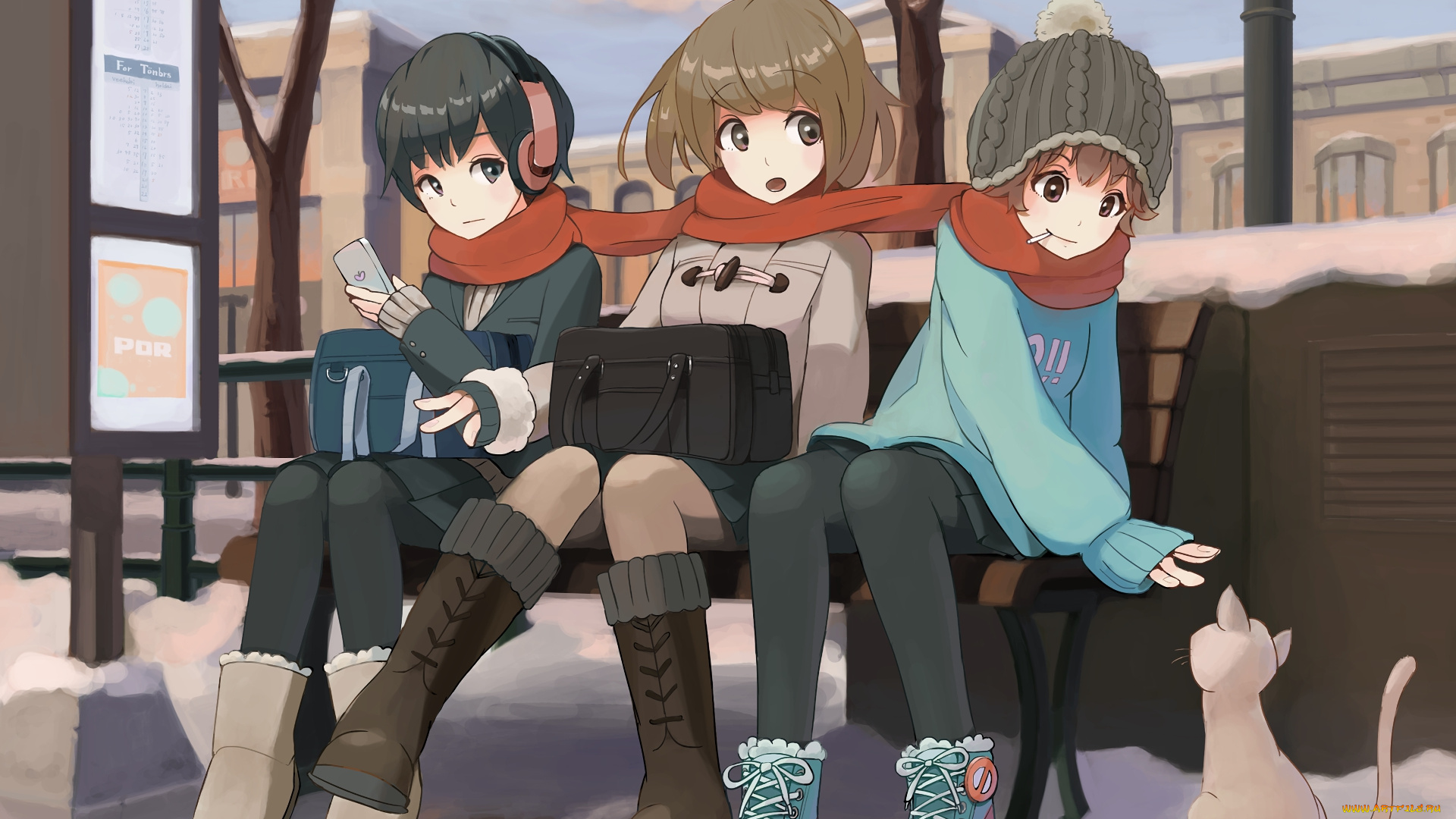 аниме, город, , улицы, , здания, девушки, взгляд, фон