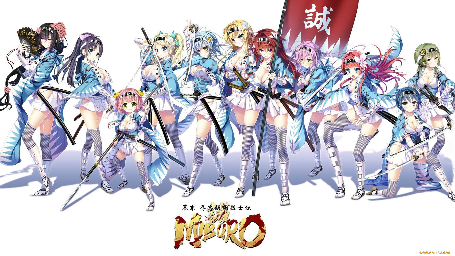 аниме, miburo, белый, фон, visual, novel, мини-юбка, бойкие, девчонки, веер, катаны, знамя, отряд, вакидзаси, shinsengumi, повязка, на, лоб, nui, чулки, кровь, art, длинные, волосы