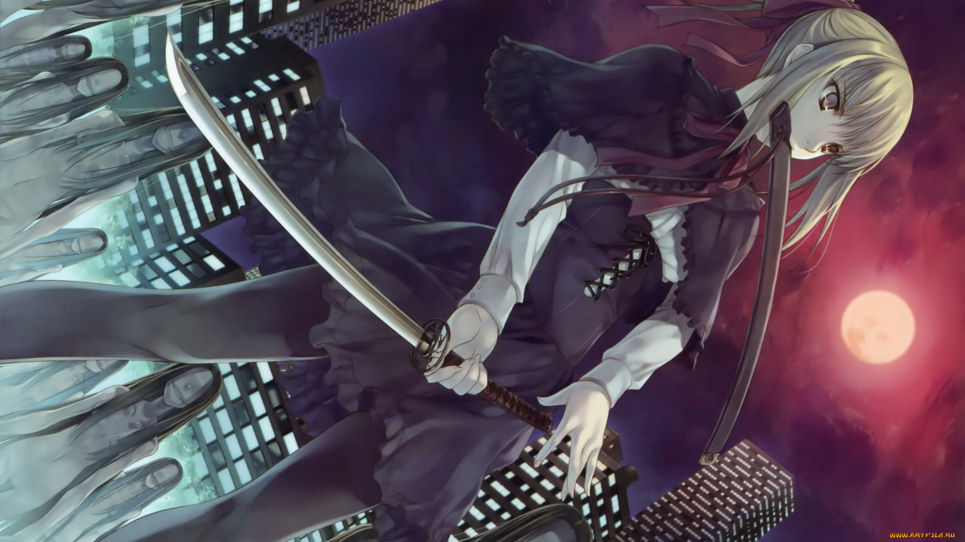 аниме, оружие, , техника, , технологии, зомби, убийца, катана, небоскребы, ночь, кровавая, луна, нежить, art