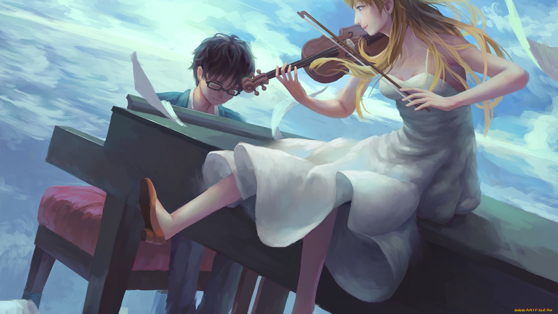 аниме, shigatsu, wa, kimi, no, uso, двое