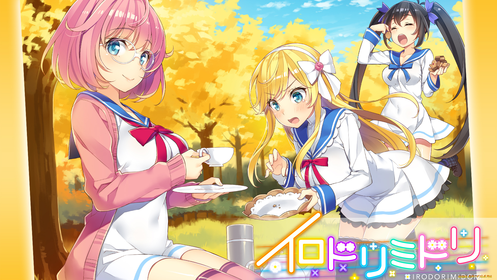 irodori, midori, аниме, фон, взгляд, девушки