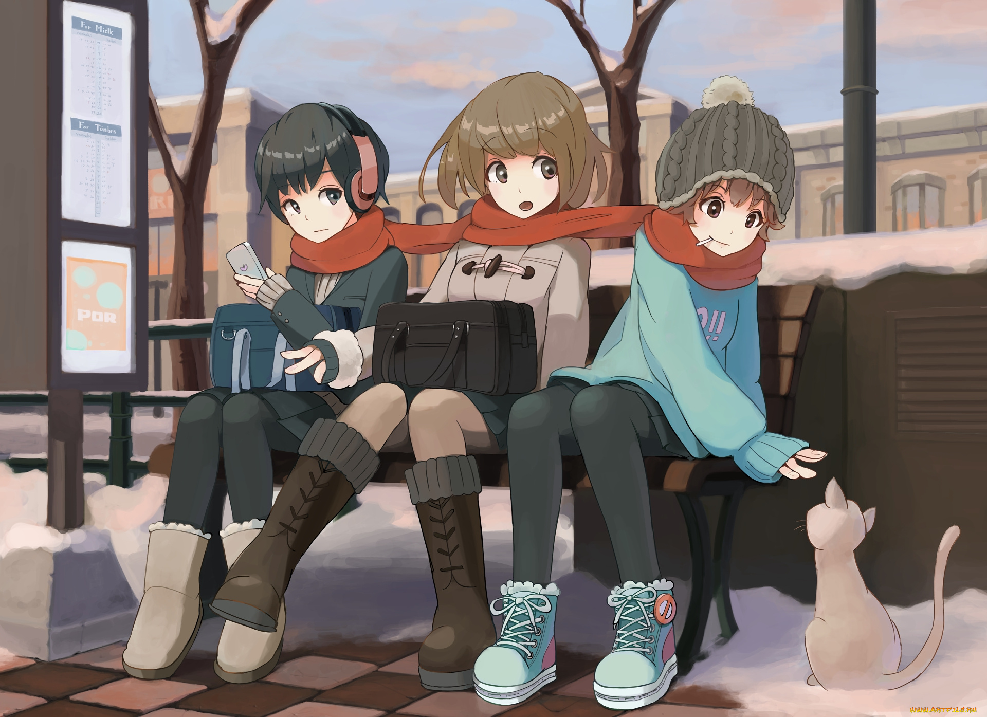 аниме, город, , улицы, , здания, девушки, взгляд, фон