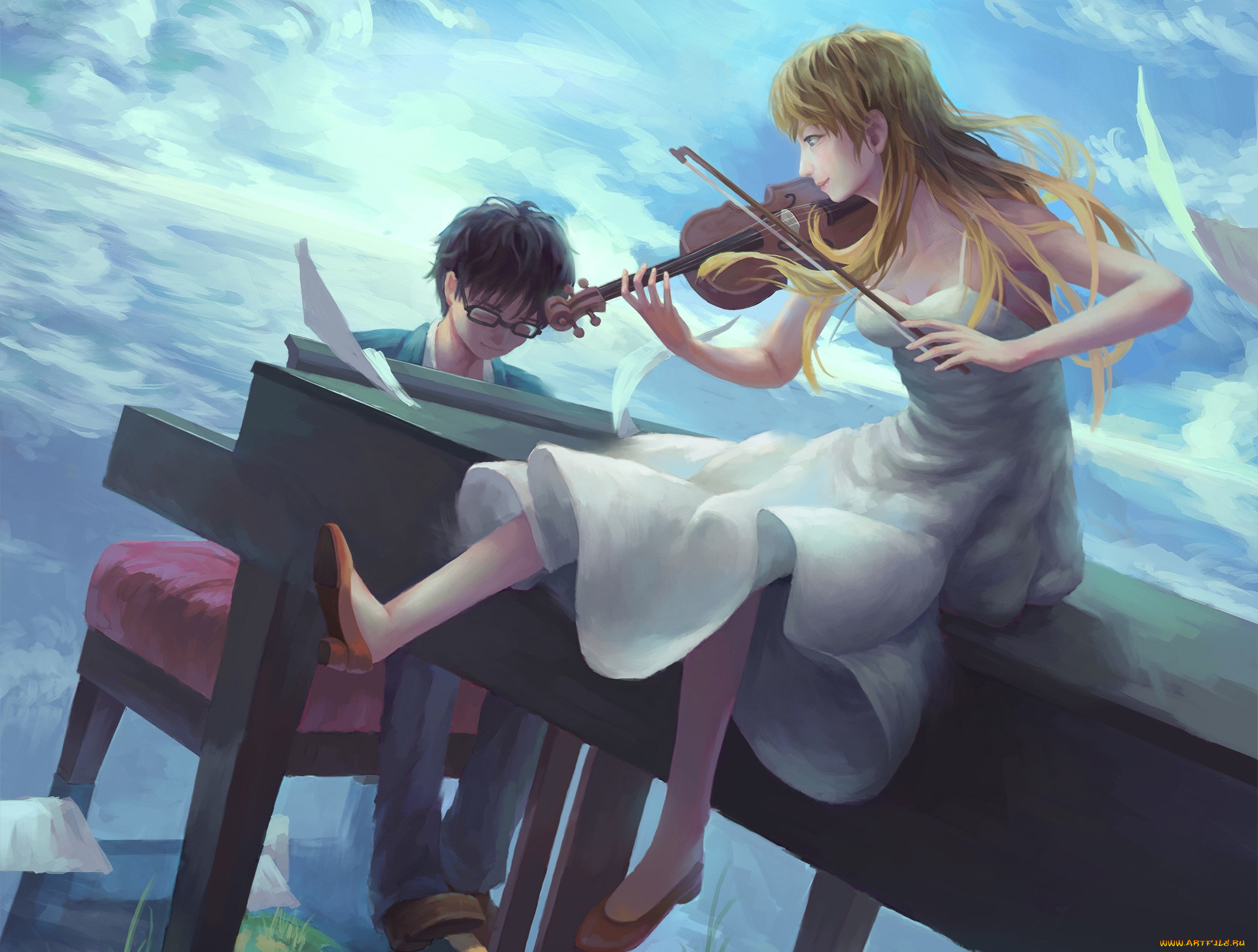 аниме, shigatsu, wa, kimi, no, uso, двое