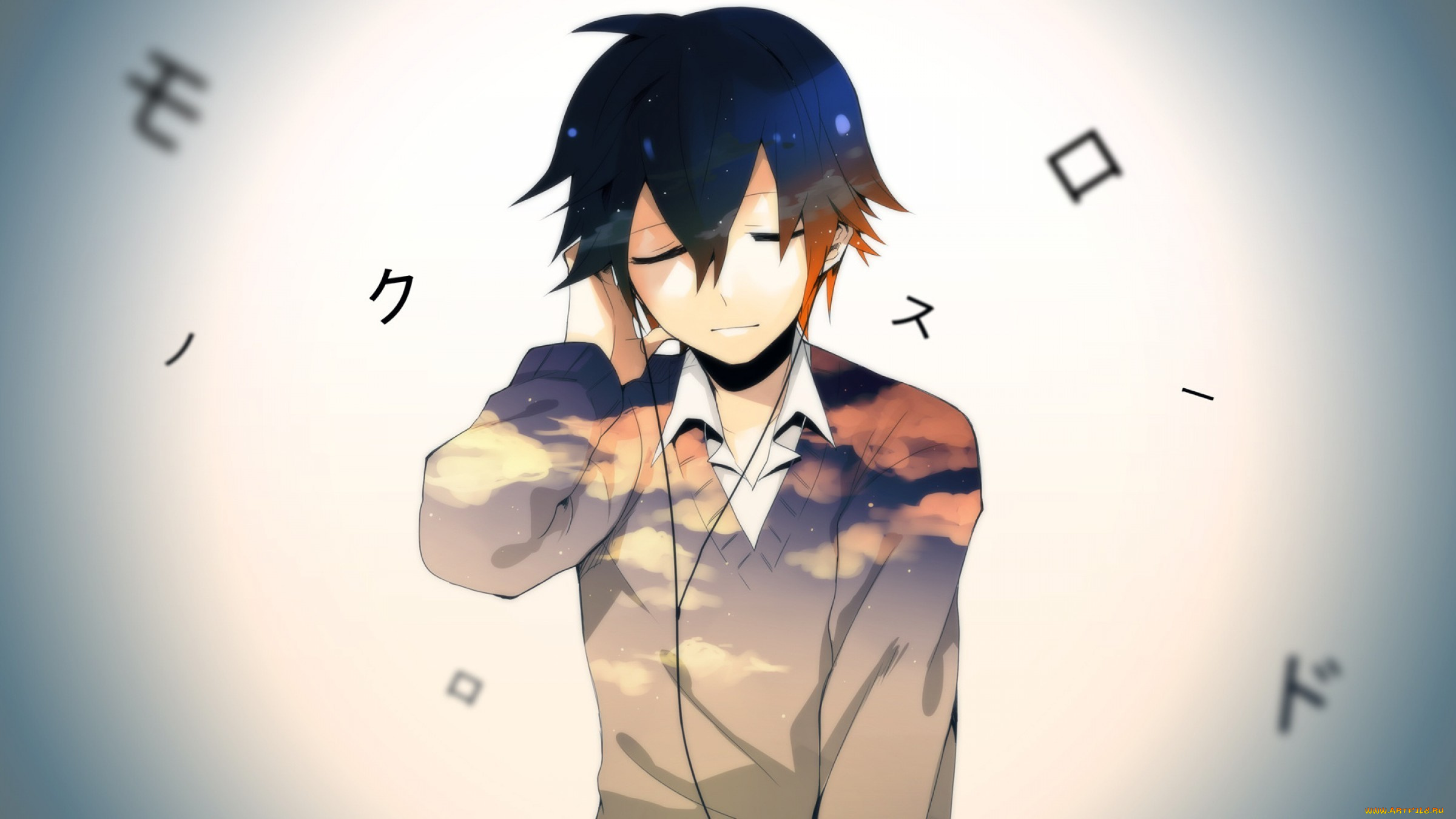 аниме, school, days, art, anime, слушает, парень, наушники, рубашка, music, музыка, boy, свитер, облака, school, days