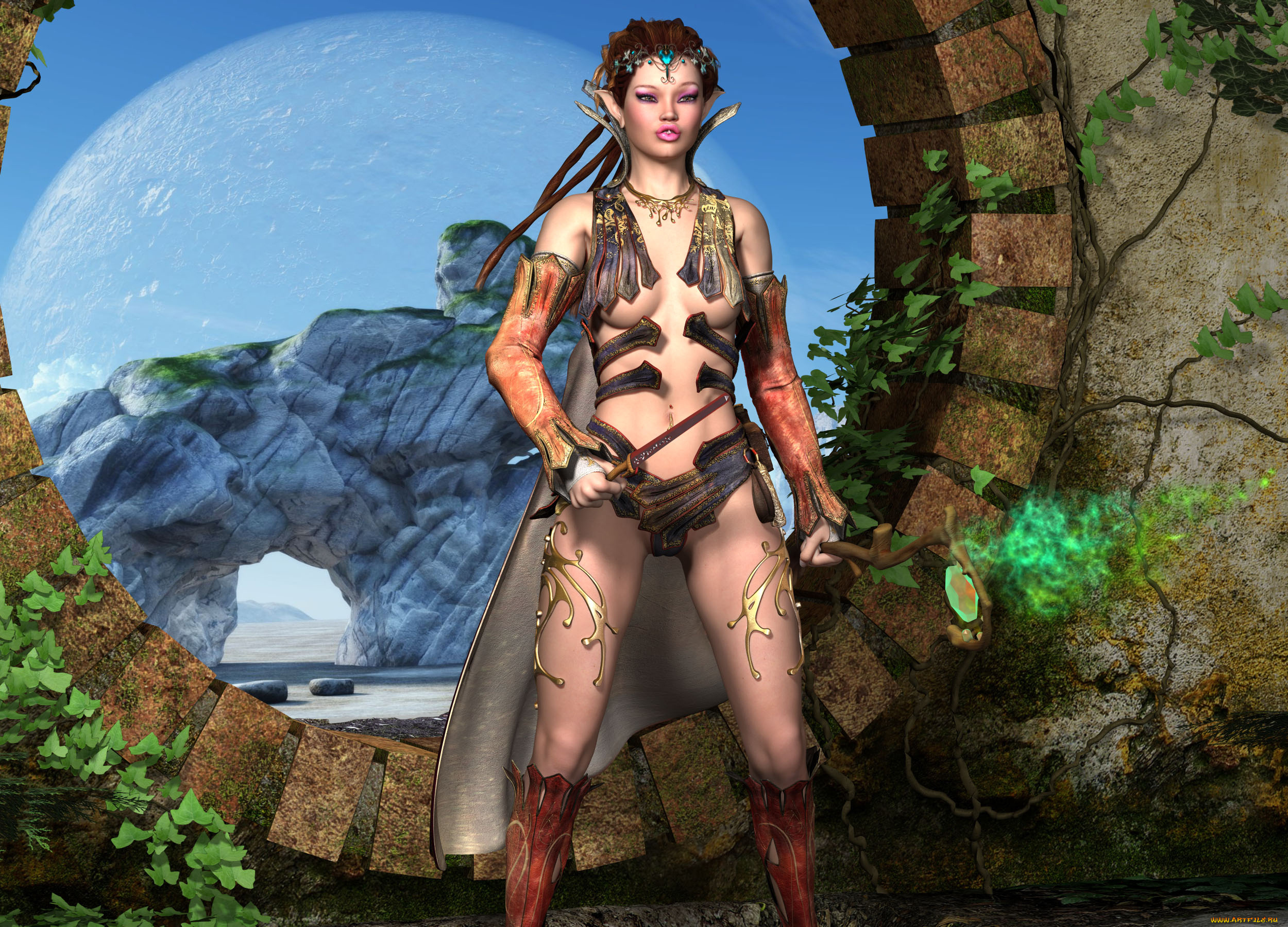 3д, графика, эльфы, , elves, взгляд, девушка, фон, униформа