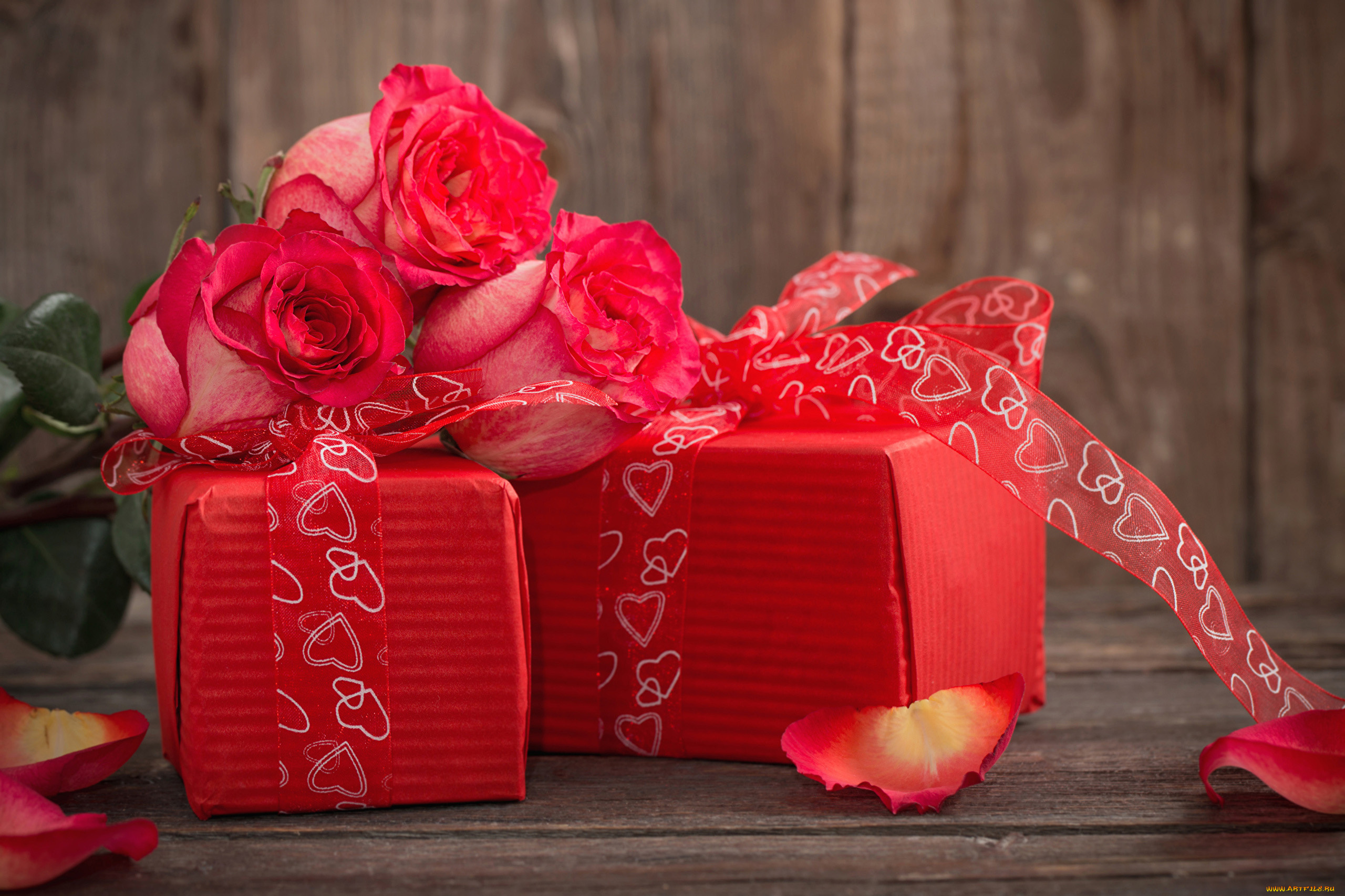 праздничные, день, святого, валентина, , сердечки, , любовь, ленты, подарки, лепестки, розы, сердечки