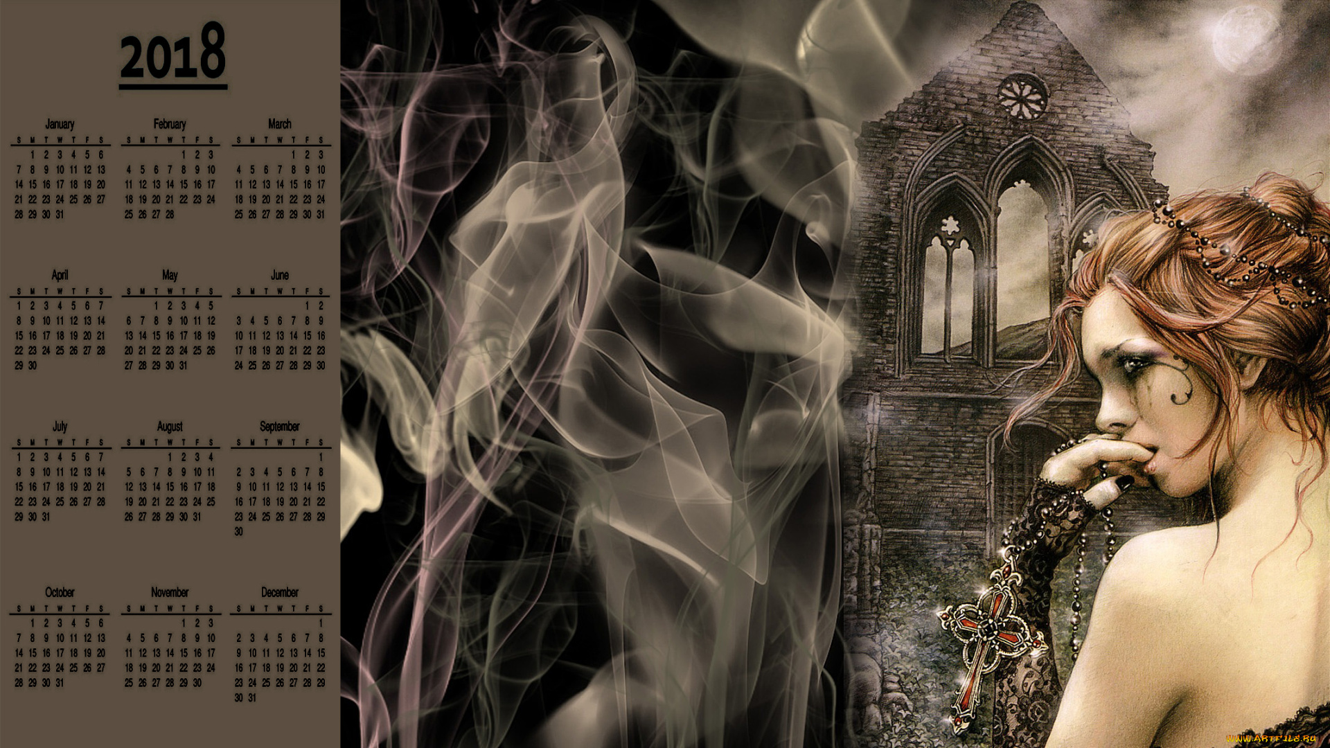 календари, фэнтези, дым, крест, профиль, девушка