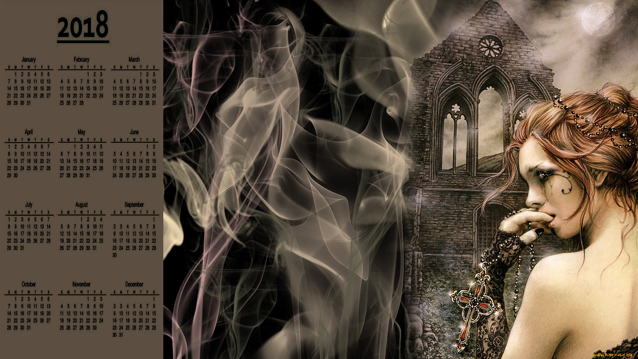 календари, фэнтези, дым, крест, профиль, девушка