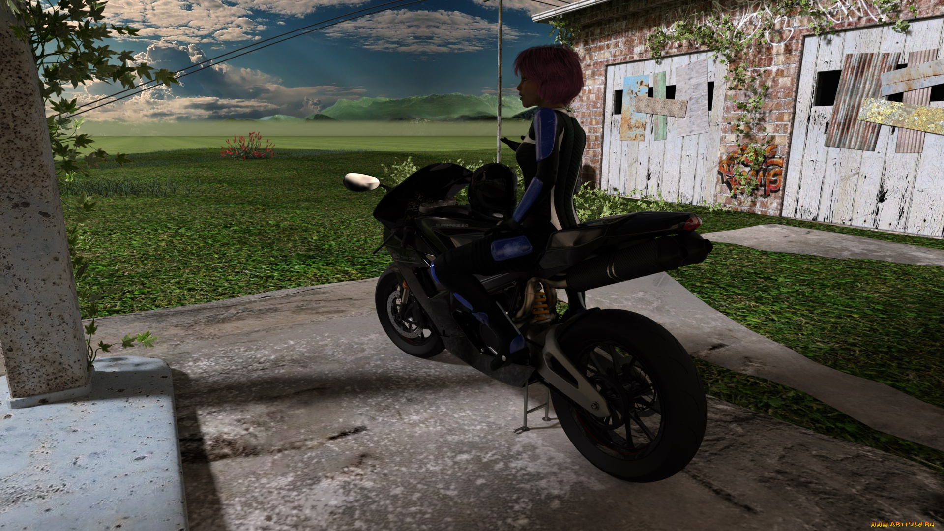 3д, графика, люди-авто, мото, , people-, car, , , moto, взгляд, фон, девушка