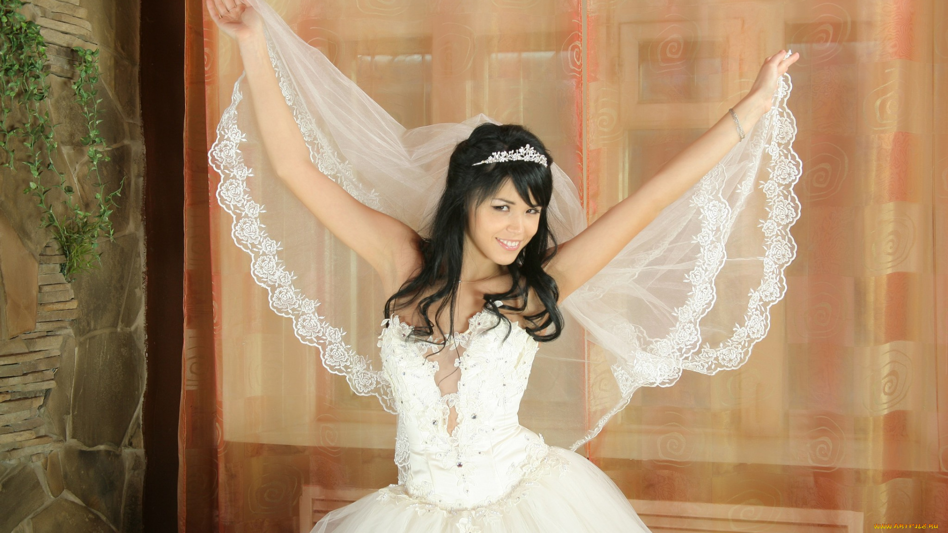 девушки, -unsort, , невесты, шторы, невеста, брюнетка, платье, фата, диадема