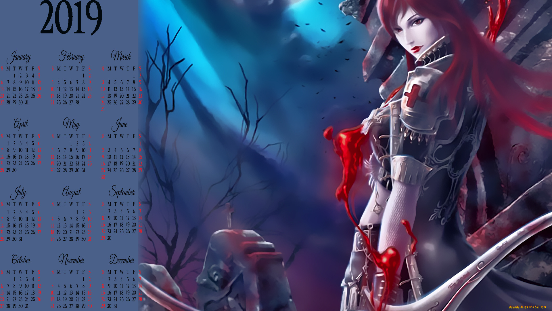 календари, фэнтези, кровь, девушка