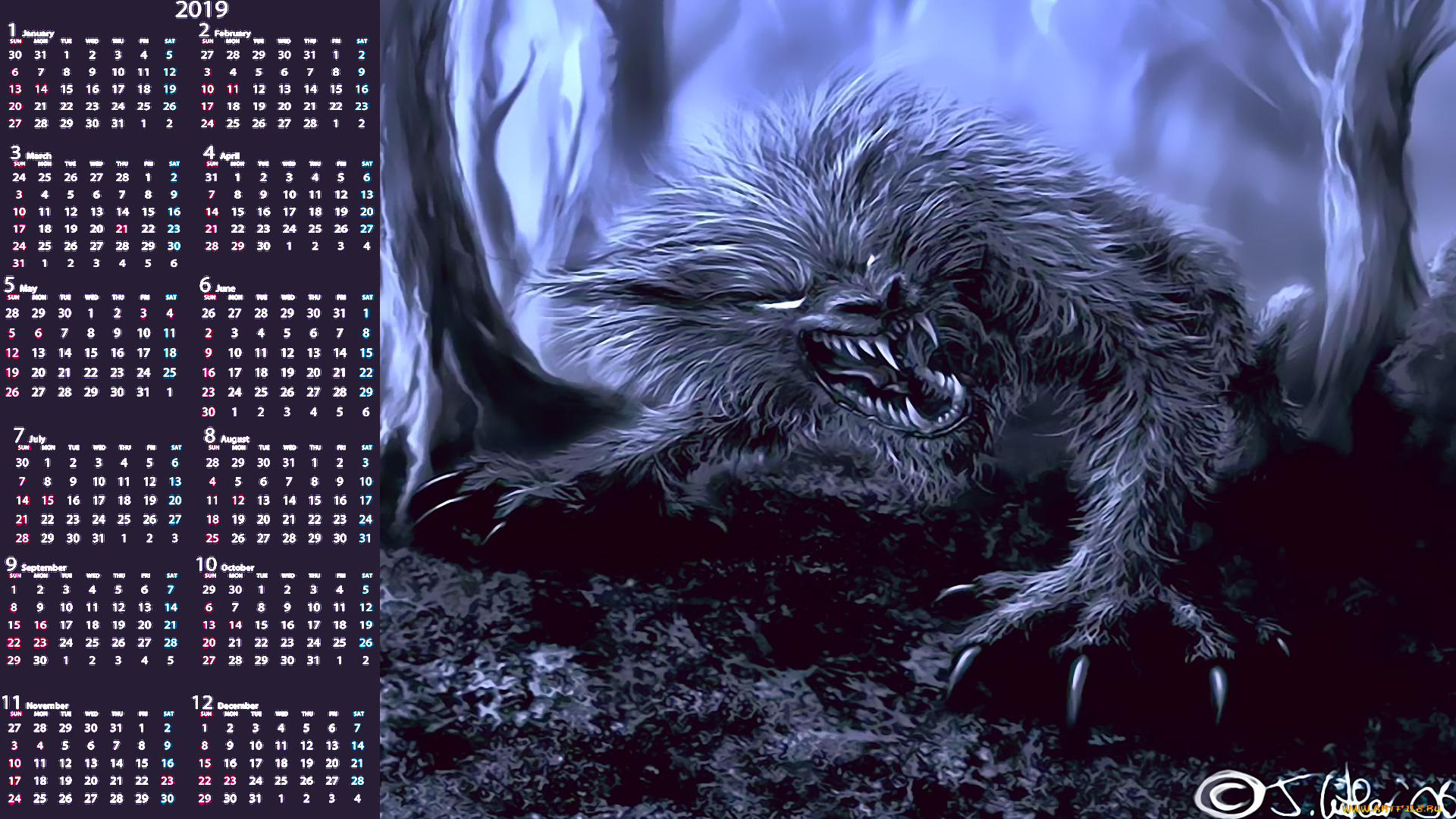 календари, фэнтези, лес, монстр, существо, природа