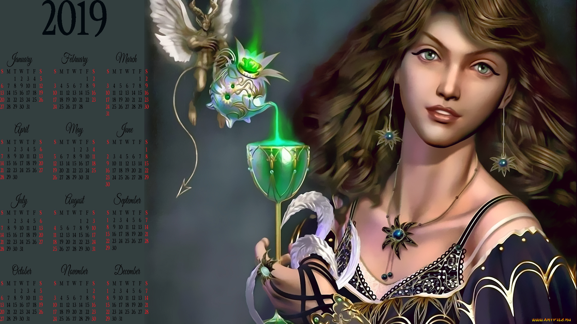 календари, фэнтези, украшение, существо, чайник, бокал, девушка