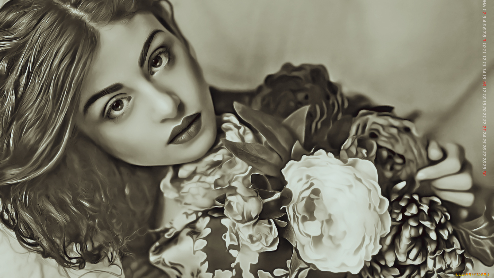 календари, компьютерный, дизайн, девушка, цветы, взгляд