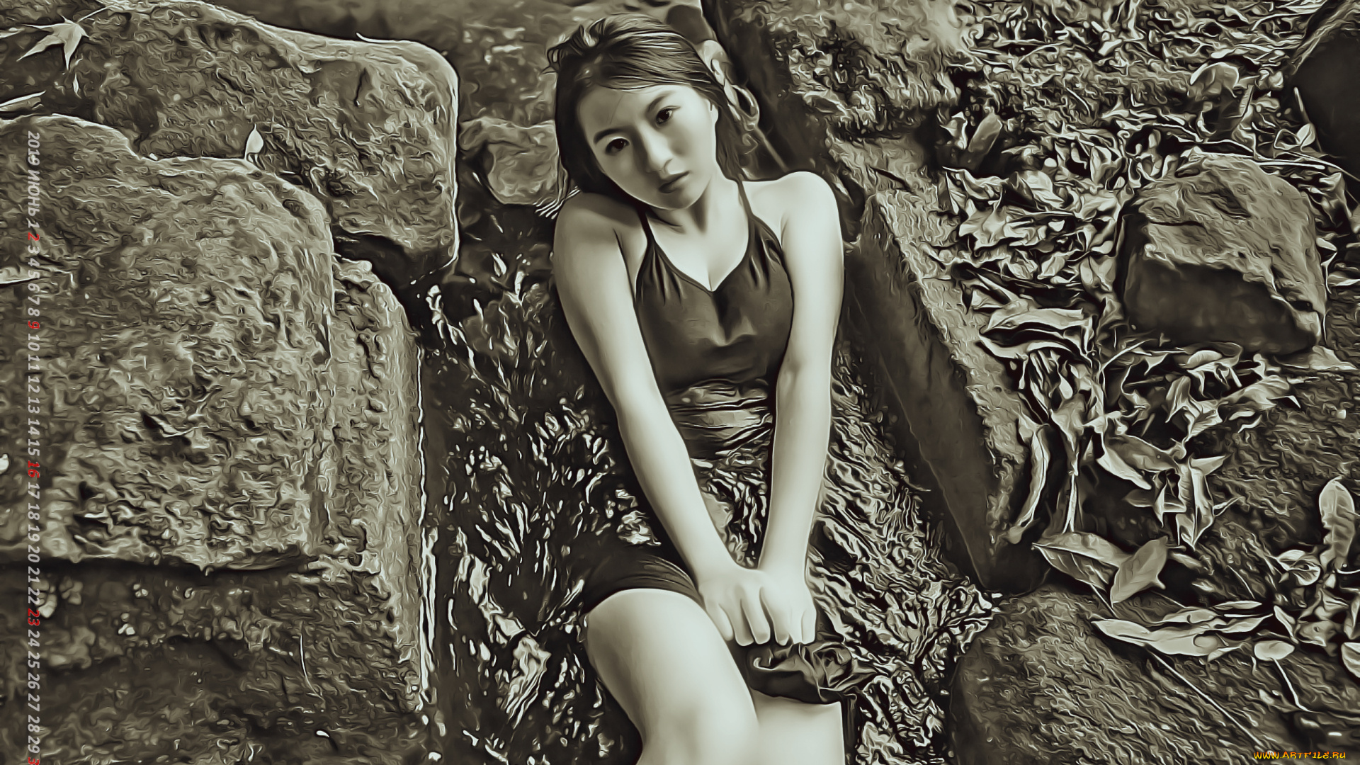 календари, компьютерный, дизайн, камень, вода, азиатка, девушка