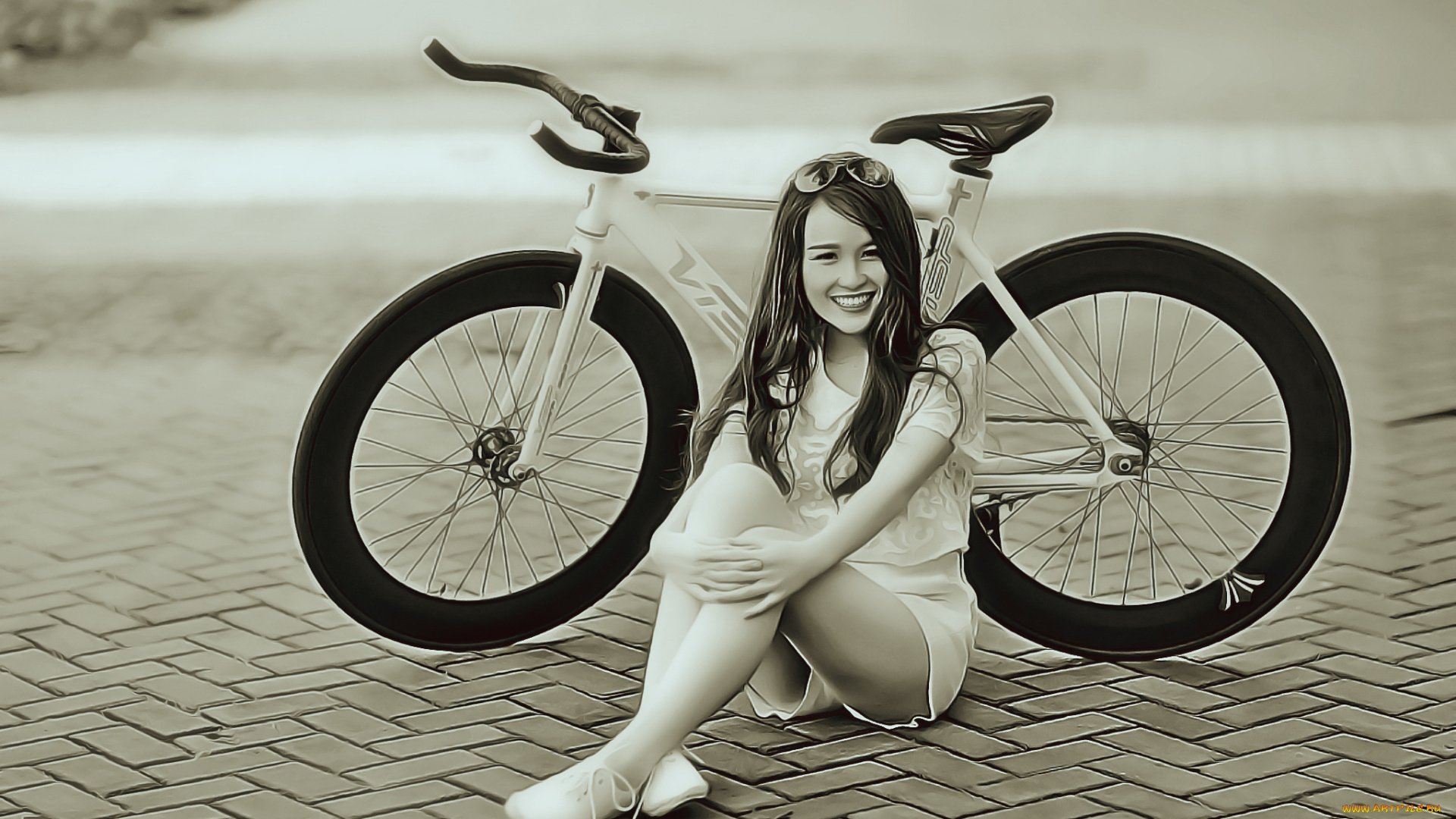 календари, компьютерный, дизайн, сидеть, улыбка, девушка, велосипед