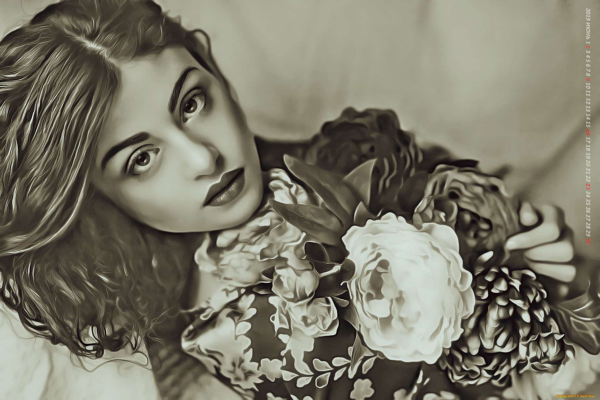 календари, компьютерный, дизайн, девушка, цветы, взгляд