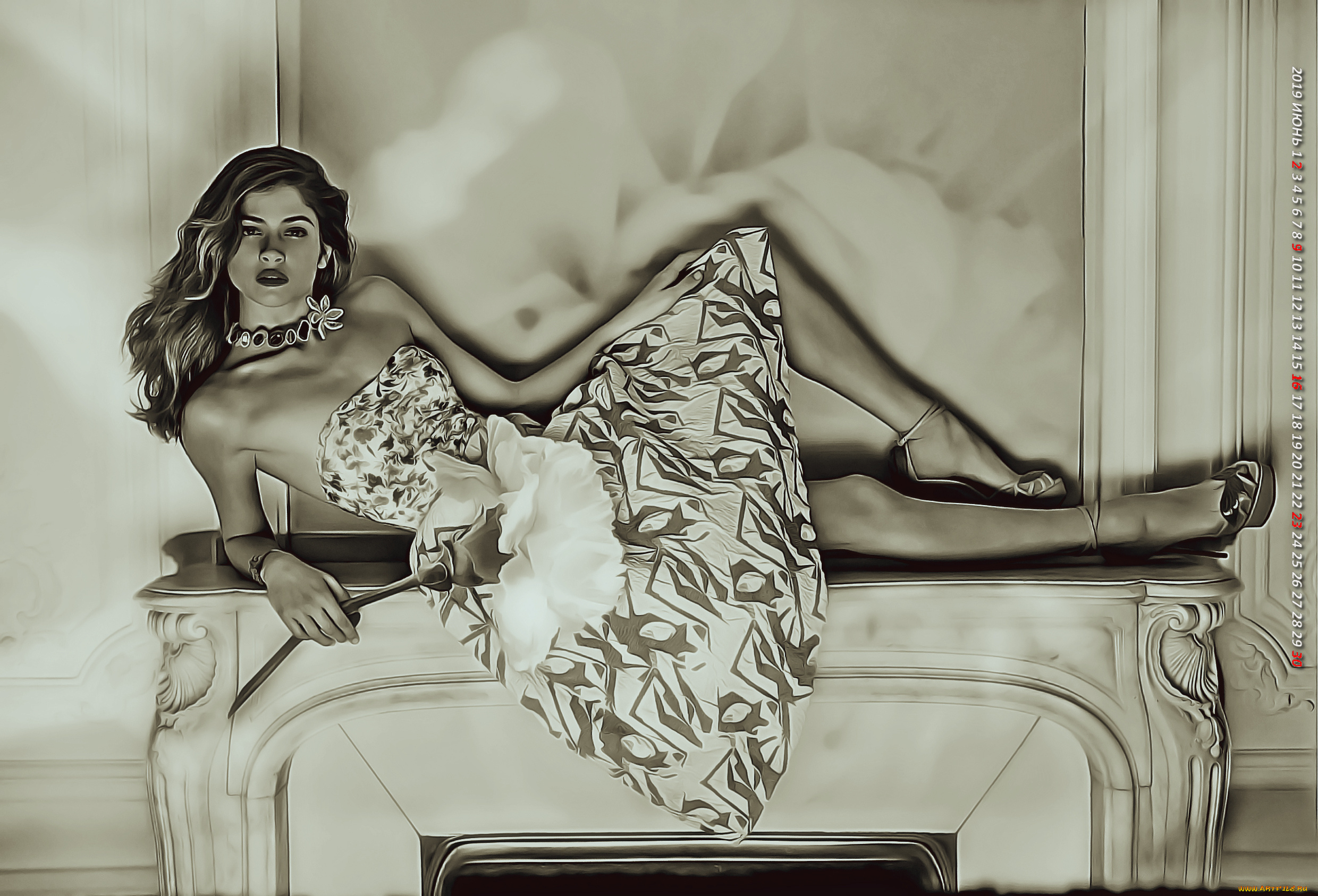 календари, компьютерный, дизайн, помещение, поза, лежать, камин, девушка