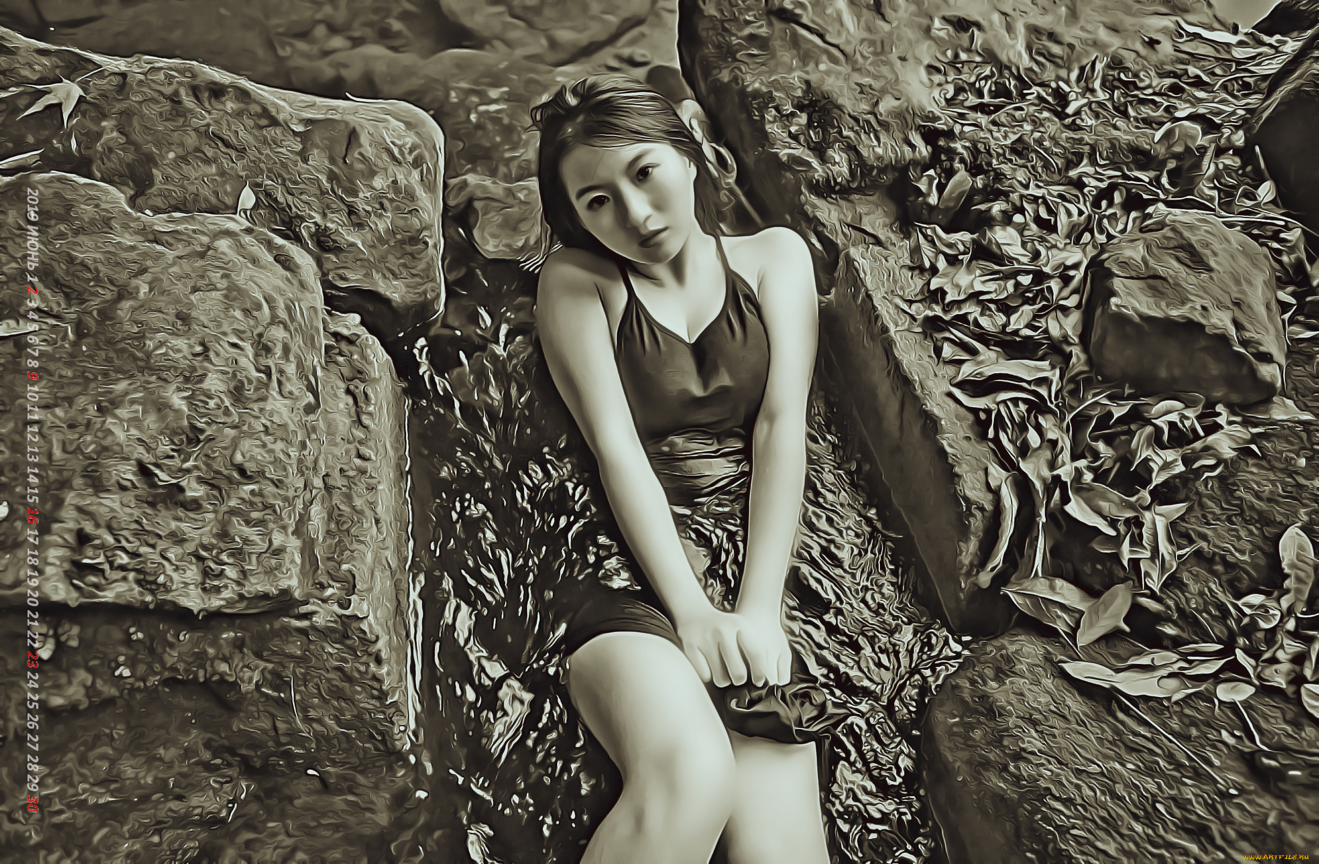 календари, компьютерный, дизайн, камень, вода, азиатка, девушка