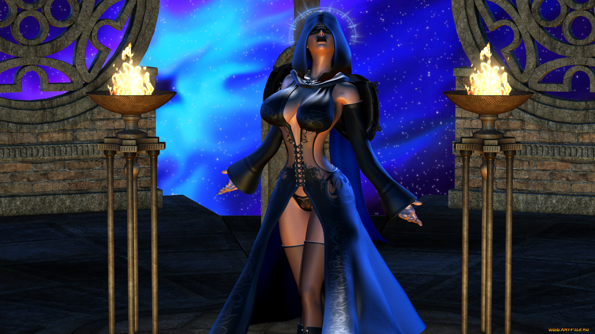 3д, графика, фантазия, , fantasy, девушка, фон, плащ, капюшон, огонь