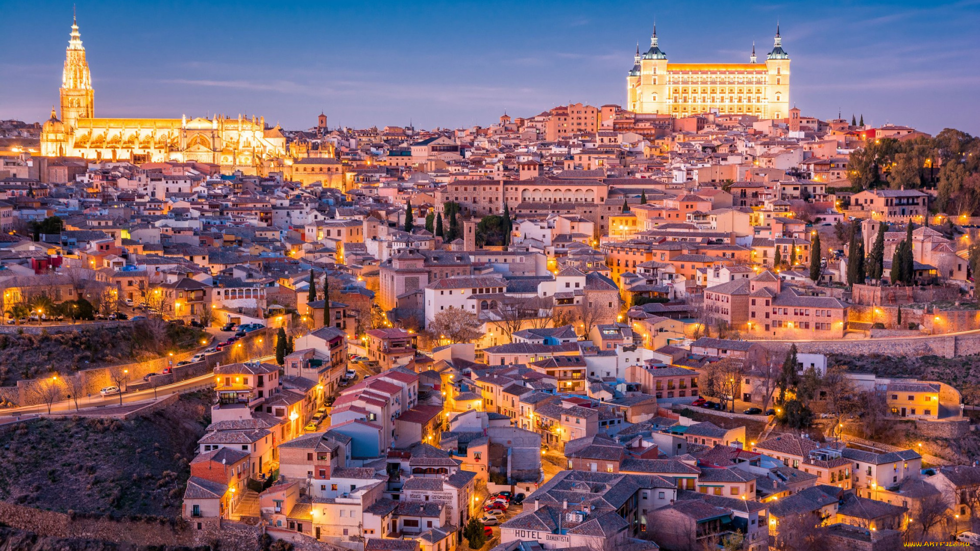 города, толедо, , испания, панорама, дома, здания, огни