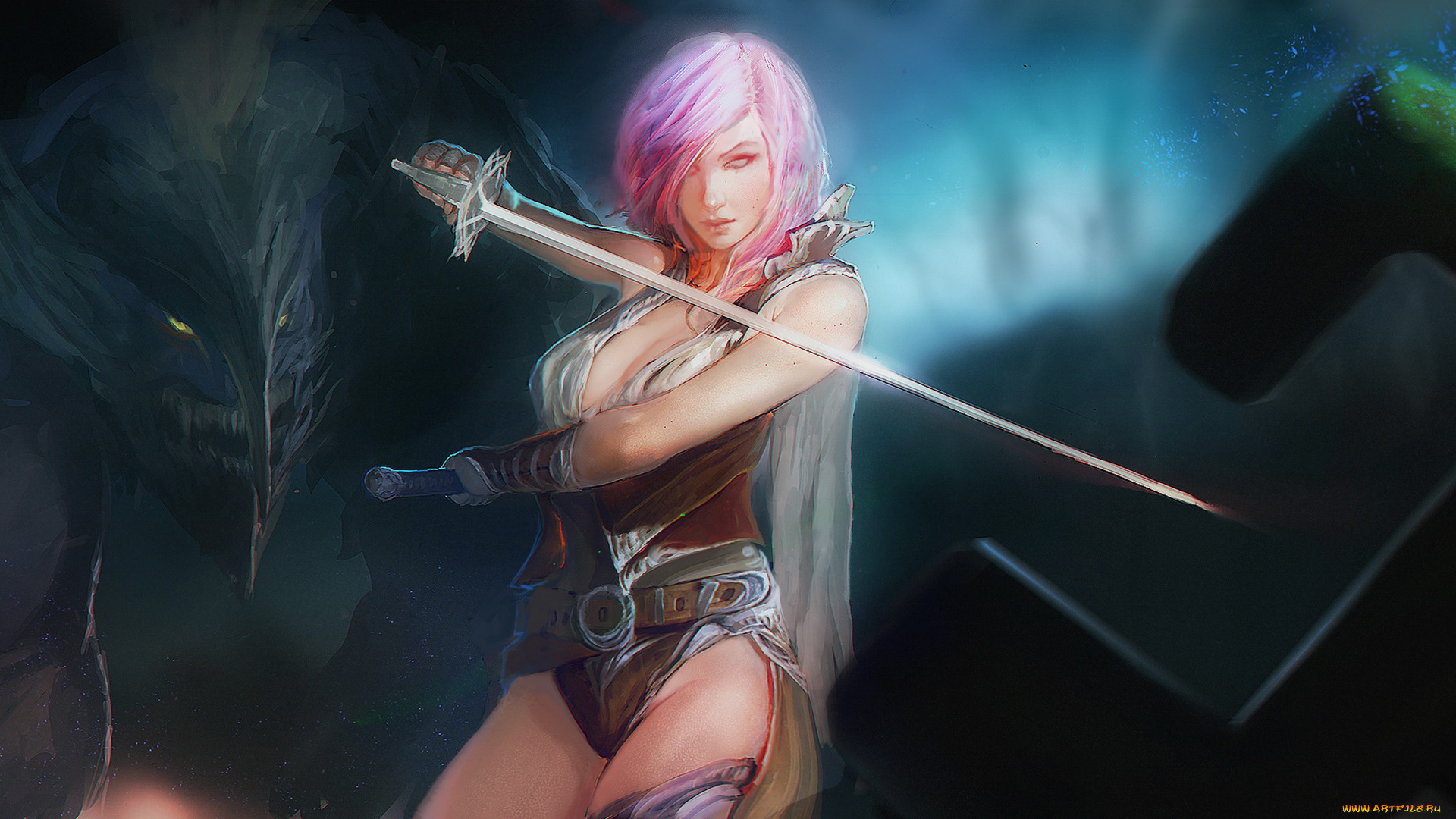 видео, игры, final, fantasy, xiii, девушка, фон, взгляд, униформа, шпага, существо