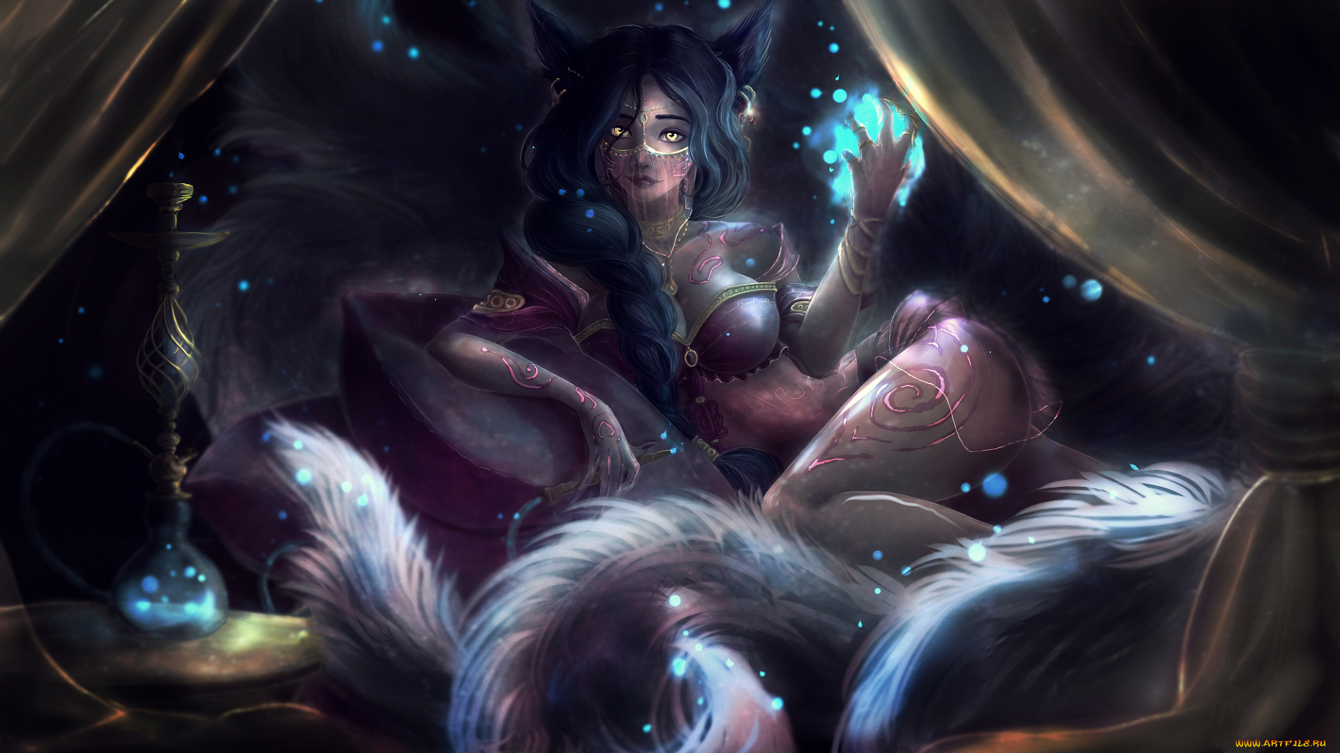 видео, игры, league, of, legends, девушка, фон, взгляд, ушки, хвост, ahri