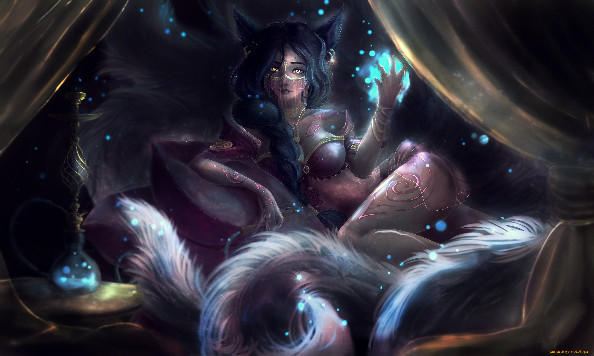 видео, игры, league, of, legends, девушка, фон, взгляд, ушки, хвост, ahri