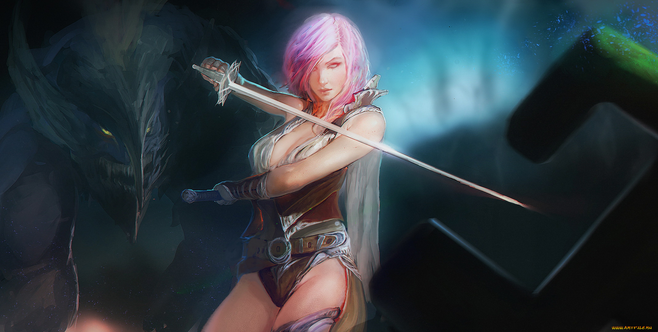 видео, игры, final, fantasy, xiii, девушка, фон, взгляд, униформа, шпага, существо