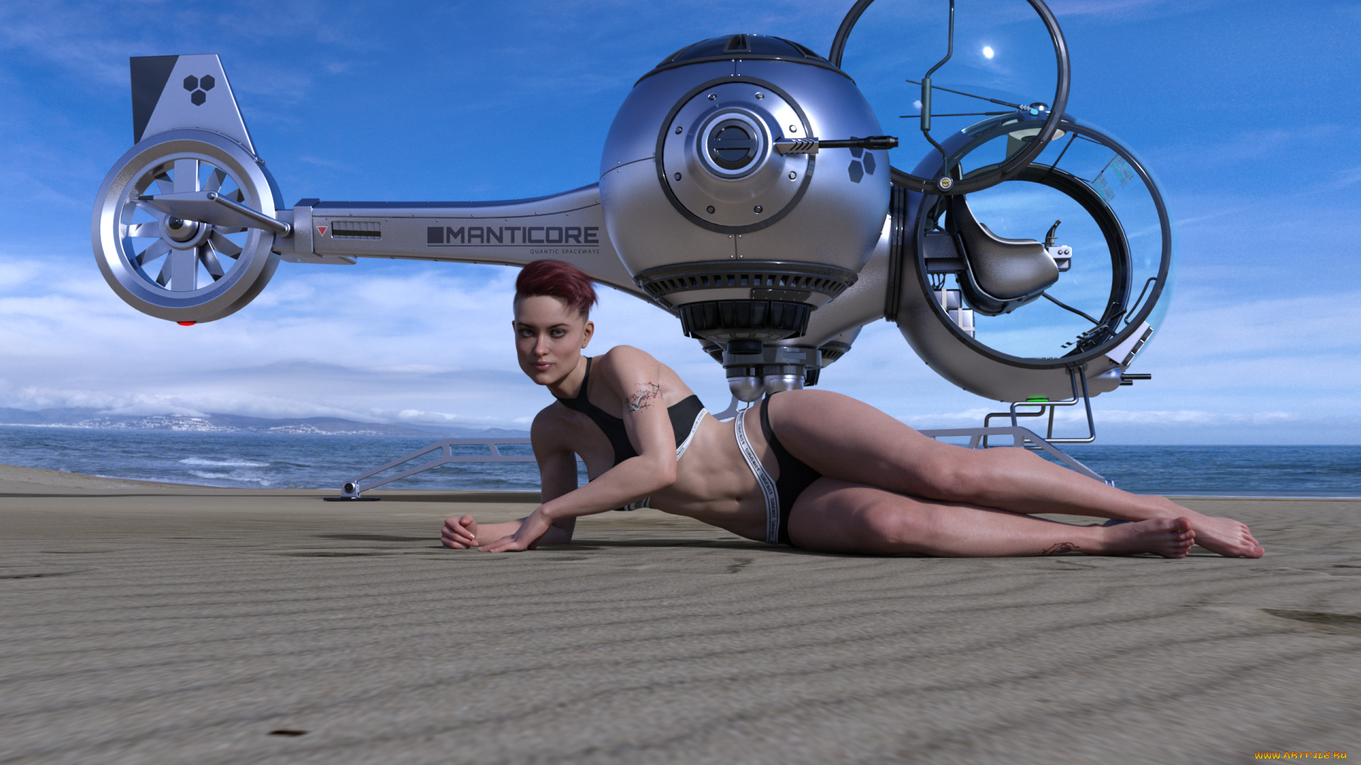 3д, графика, люди, , people, девушка, фон, взгляд, купальник, море, вертолет