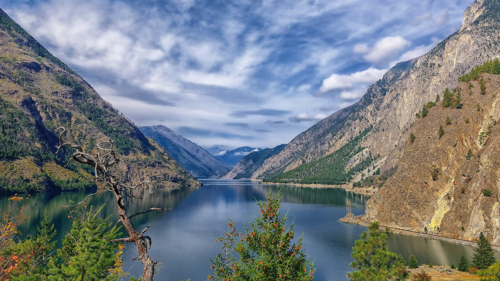 природа, реки, озера, горы, озеро, деревья, небо, облака