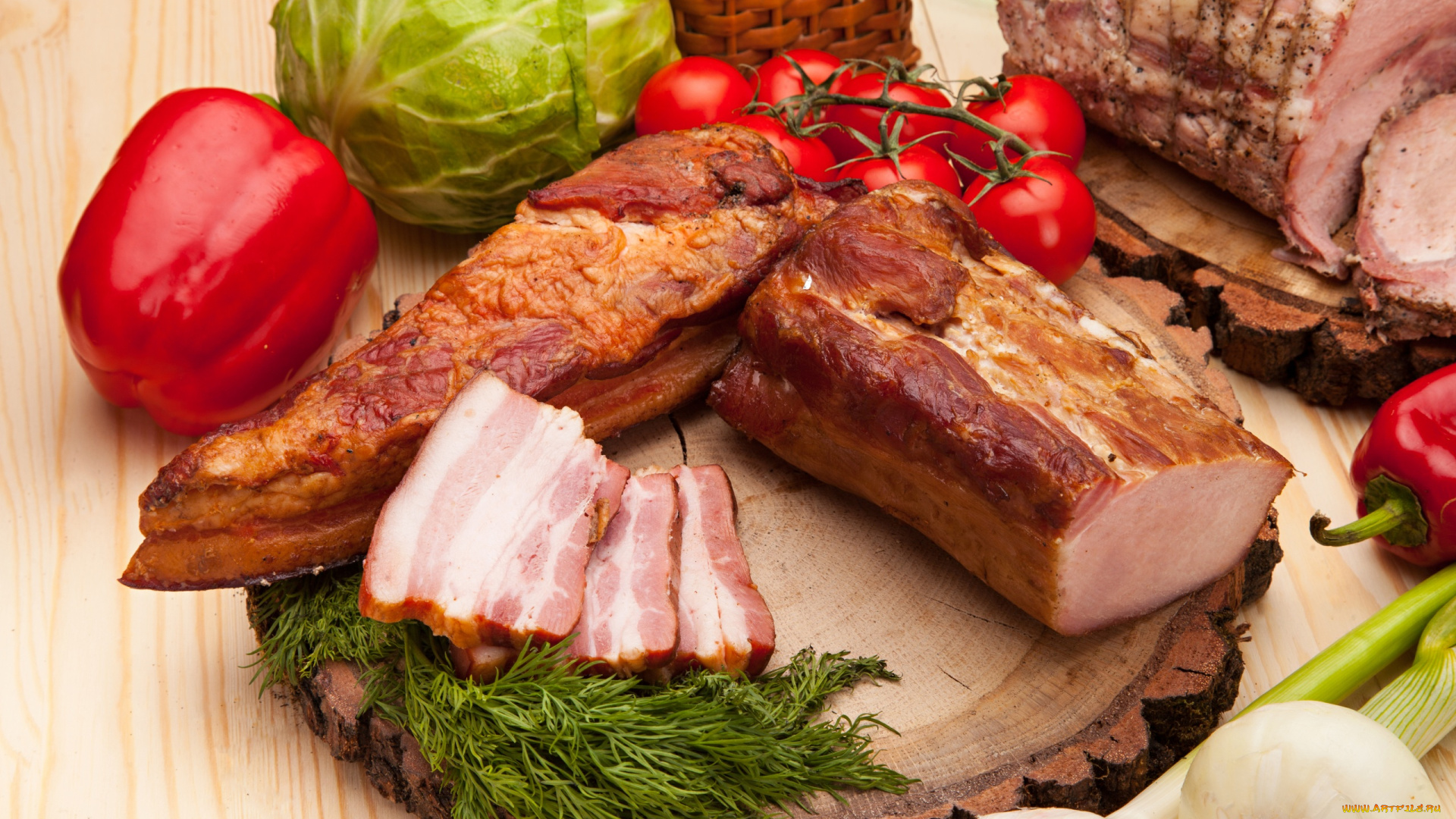 еда, мясные, блюда, перец, помидоры, копченое, мясо