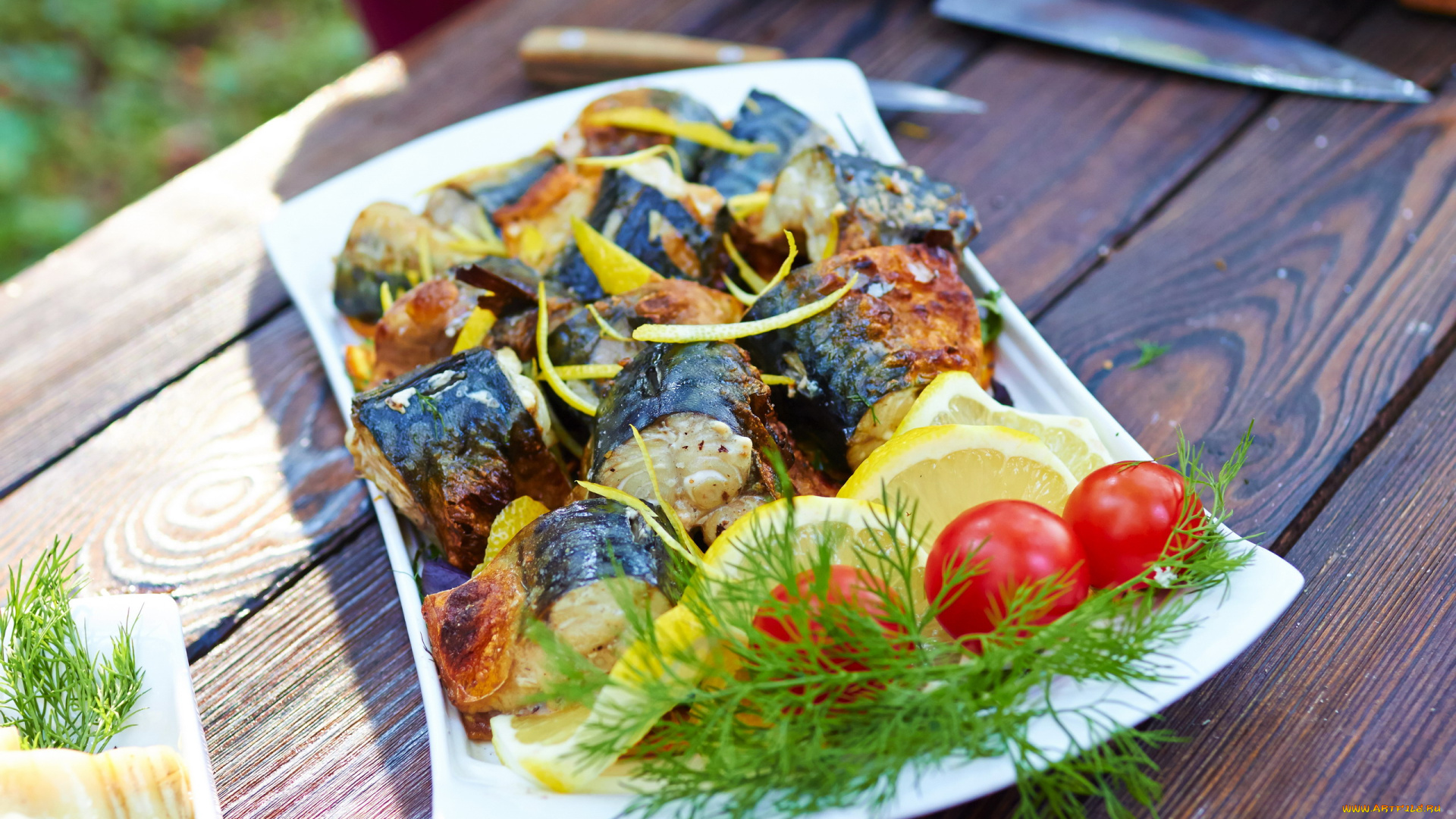 еда, рыбные, блюда, , с, морепродуктами, укроп, помидоры, рыба, жареная