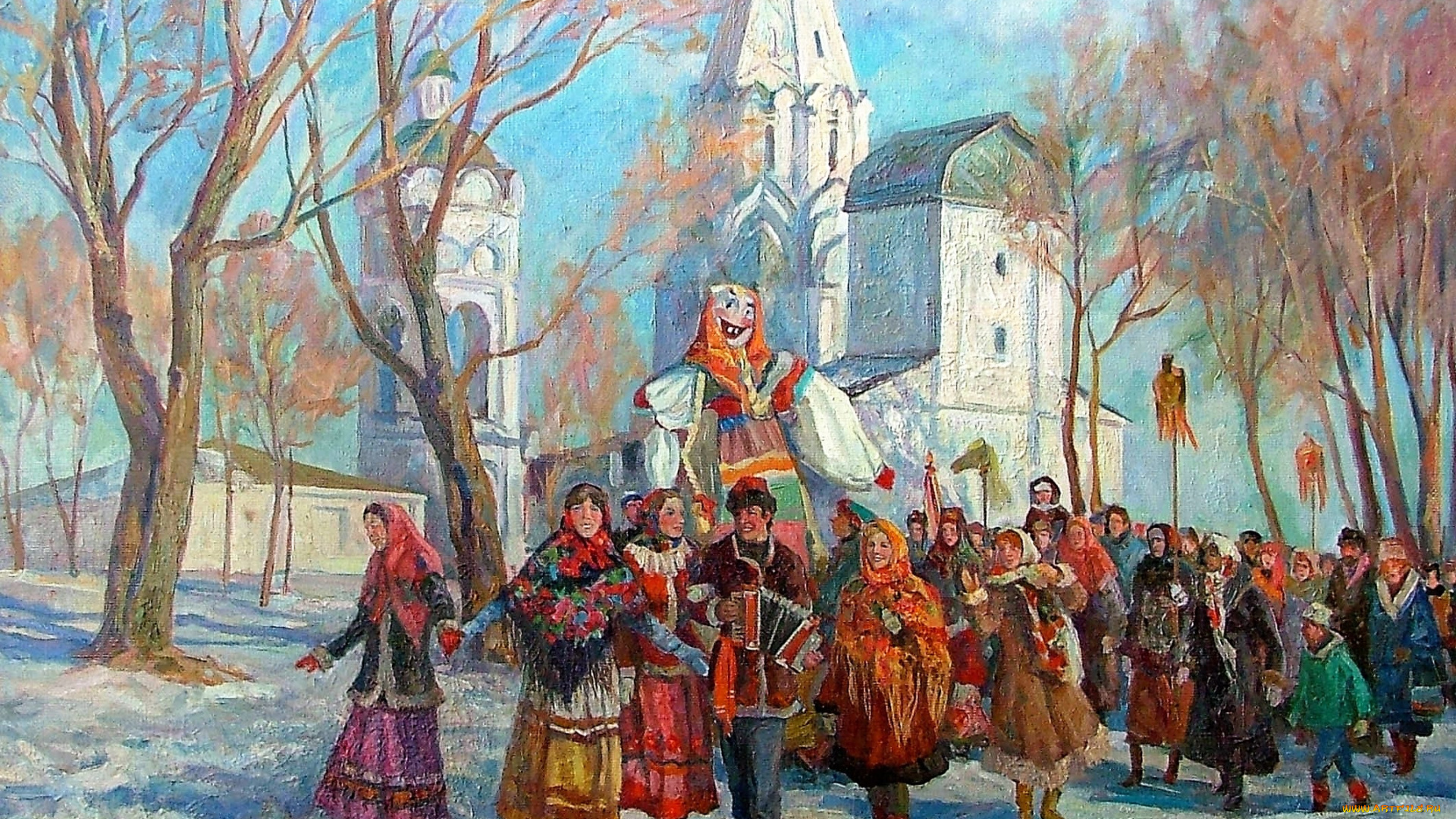 рисованное, живопись, масленица, гуляние, люди, зима, храм