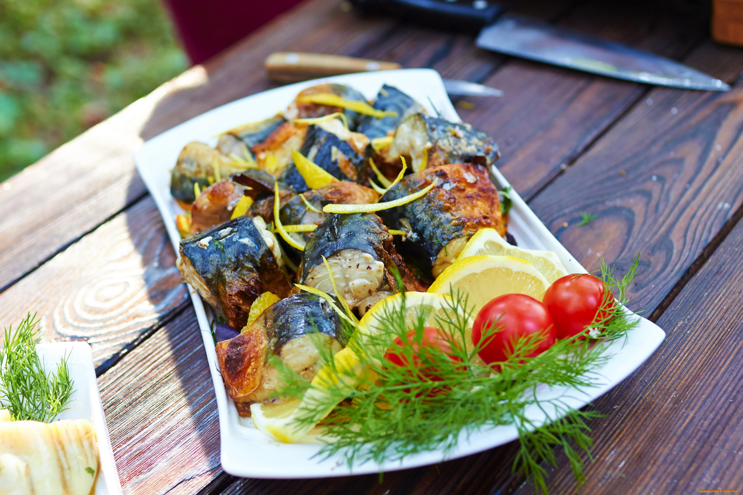 еда, рыбные, блюда, , с, морепродуктами, укроп, помидоры, рыба, жареная