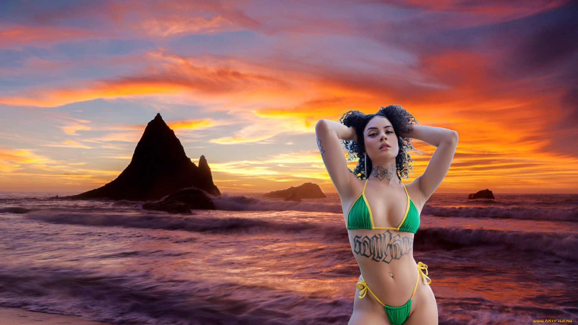 девушки, -, брюнетки, , шатенки, море, закат, брюнетка, бикини, тату