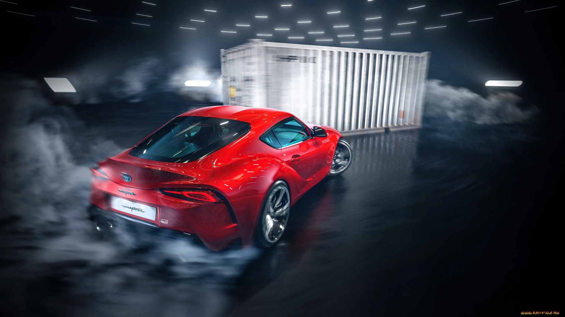 toyota, supra, автомобили, toyota, красный, дым, контейнер