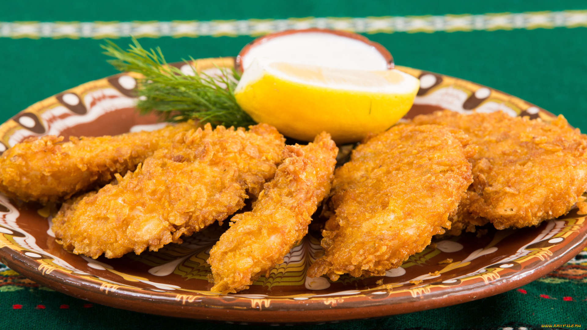 еда, мясные, блюда, лимон, укроп, курица, панировка