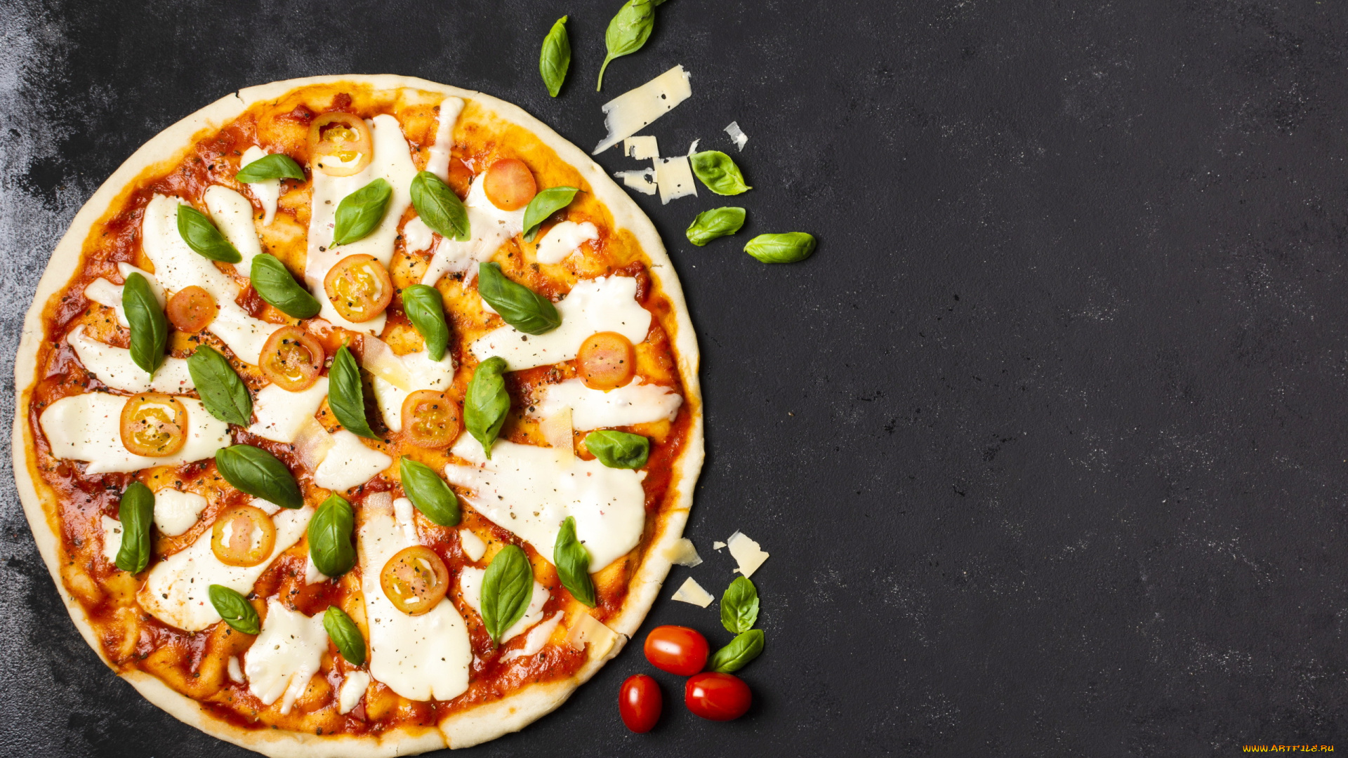 еда, пицца, базилик, помидоры, сыр